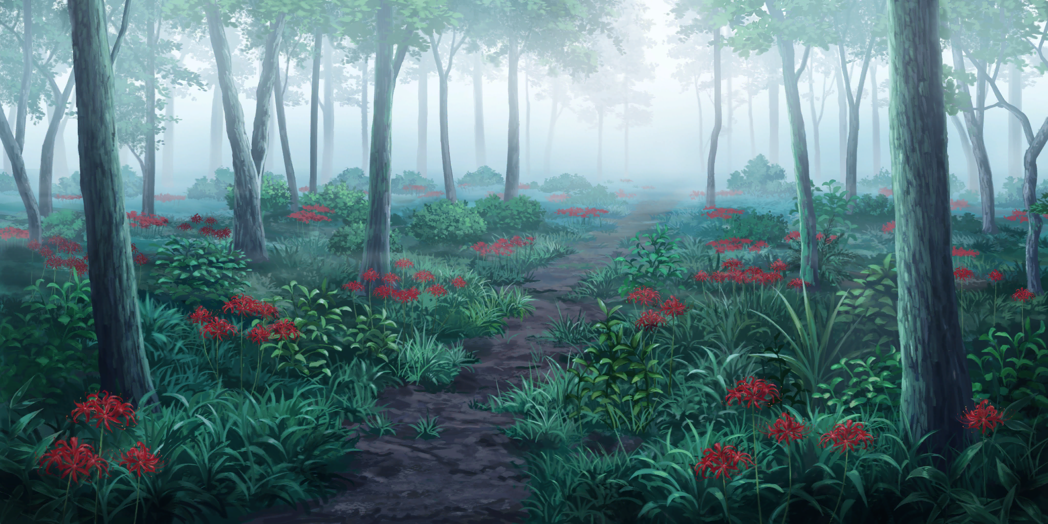 touhou, touhou lostword, artist request, game cg, highres, third-party source, bush, day, flower, fog, no humans, outdoors, path, red flower, road, scenery, spider lily, tree