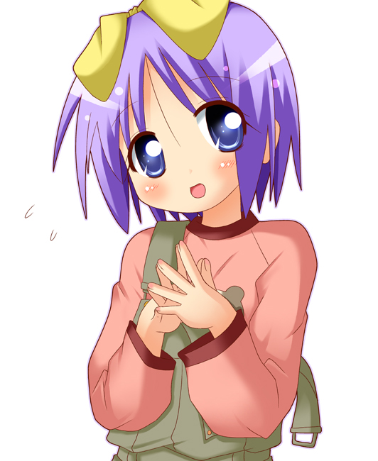 hiiragi tsukasa, lucky star, 00s, 1girl, blue eyes, blush, bow, female focus, hair bow, looking at viewer, overalls, pink shirt, purple hair, shirt, solo, standing, upper body