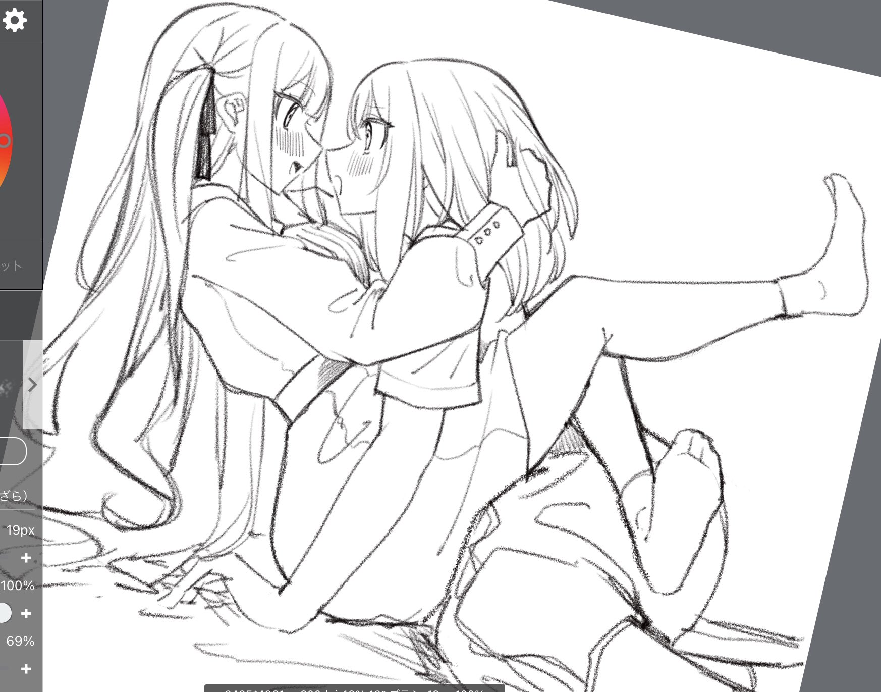 extreme yuri buta, misumi uika, togawa sakiko, bang dream!, bang dream! it's mygo!!!!!, commentary request, highres, unfinished, 2girls, art program in frame, between legs, blush, eye contact, from side, greyscale, hair ribbon, hand in another's hair, long hair, long sleeves, looking at another, medium hair, monochrome, multiple girls, open mouth, profile, ribbon, shirt, skirt, smile, socks, two side up, yuri
