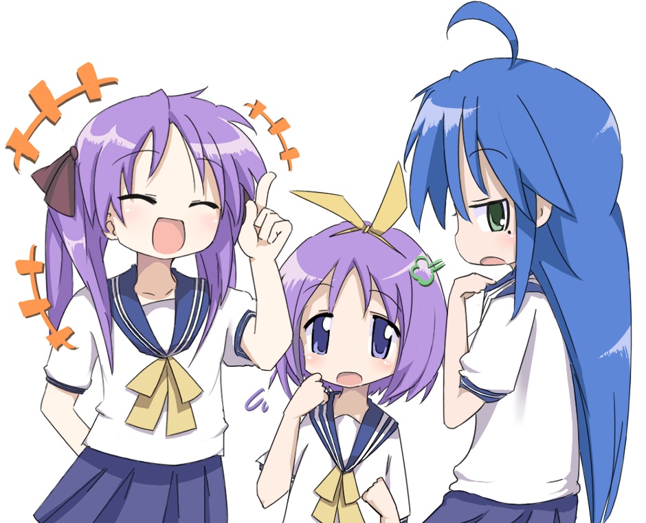 hiiragi kagami, hiiragi tsukasa, izumi konata, lucky star, tagme, 00s, 3girls, blue eyes, blue hair, closed eyes, green eyes, hair ribbon, hairband, long hair, mole, mole under eye, multiple girls, open mouth, purple hair, school uniform, short hair, sisters, skirt, standing, tongue, twins, twintails, upper body, white background
