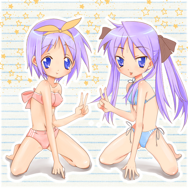 asano miu, hiiragi kagami, hiiragi tsukasa, lucky star, 00s, 2girls, bikini, multiple girls, siblings, side-tie bikini bottom, sisters, swimsuit, tongue, tongue out, twins, v