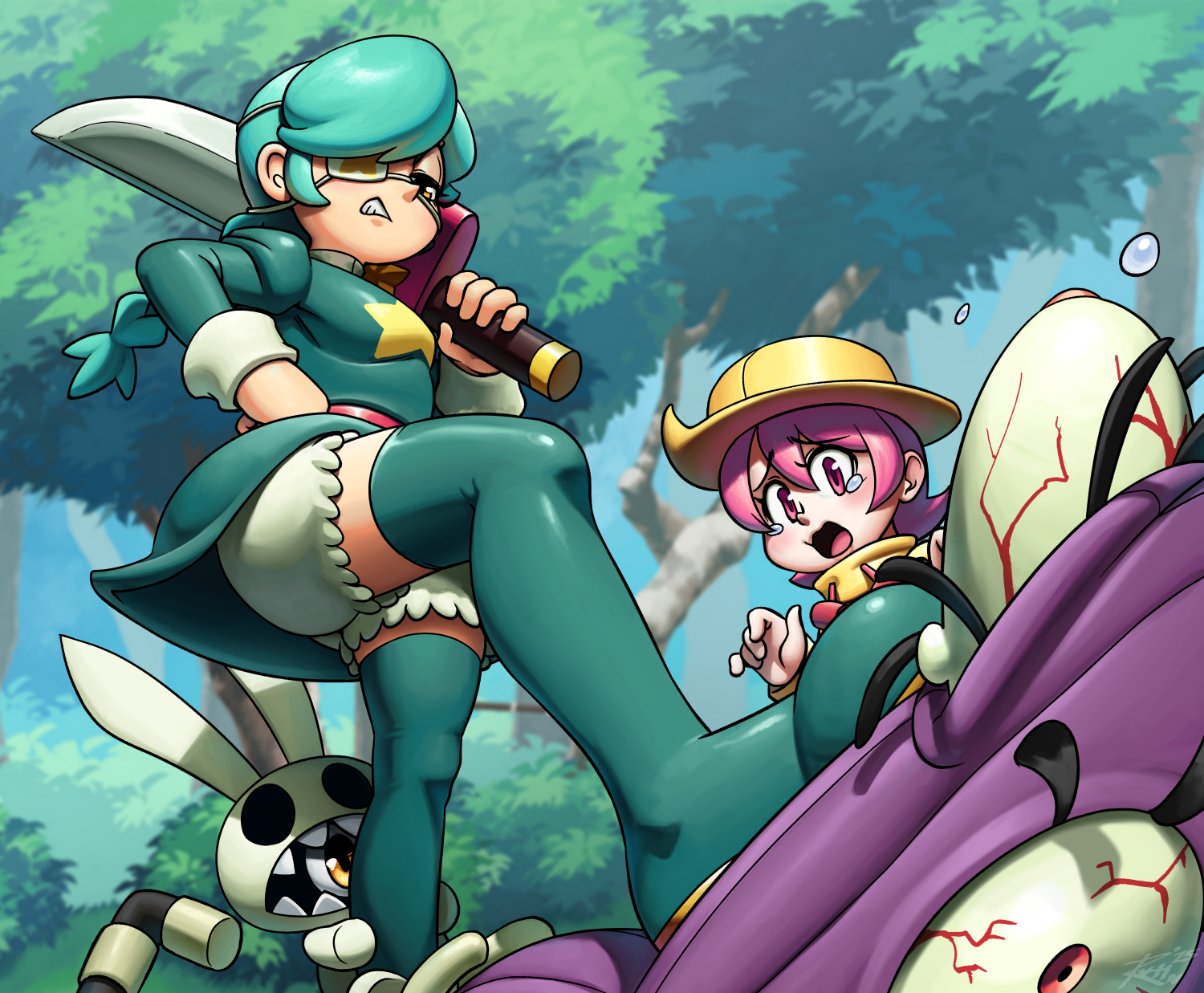 revtilian, annie (skullgirls), hungern (skullgirls), sagan (skullgirls), umbrella (skullgirls), skullgirls, 2girls, angry, belt, bloomers, boots, braid, bulging eyes, clenched teeth, dress, eyepatch, frown, grabbing another's leg, green hair, grimace, hand on own hip, hat, holding, holding sword, holding weapon, long hair, looking at another, multiple girls, open mouth, painting (object), pink eyes, pink hair, raincoat, short dress, short hair, stage, stepped on, sword, tearing up, teeth, thigh boots, twin braids, umbrella, underwear, upskirt, weapon, wide-eyed, yellow eyes