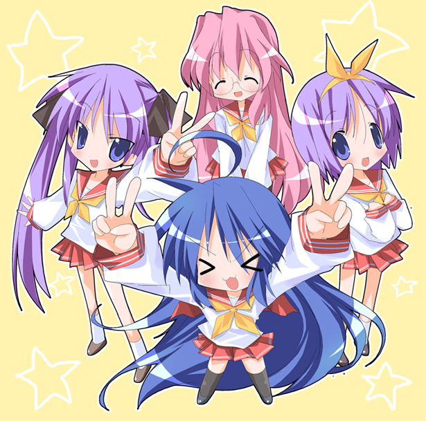 hiiragi kagami, hiiragi tsukasa, izumi konata, takara miyuki, lucky star, > <, 00s, 4girls, antenna hair, blue eyes, blue hair, blush, closed eyes, glasses, hair ribbon, hairband, long hair, looking at viewer, multiple girls, open mouth, pink hair, purple hair, school uniform, serafuku, short hair, sisters, skirt, smile, socks, standing, tongue, twins, twintails, v, very long hair