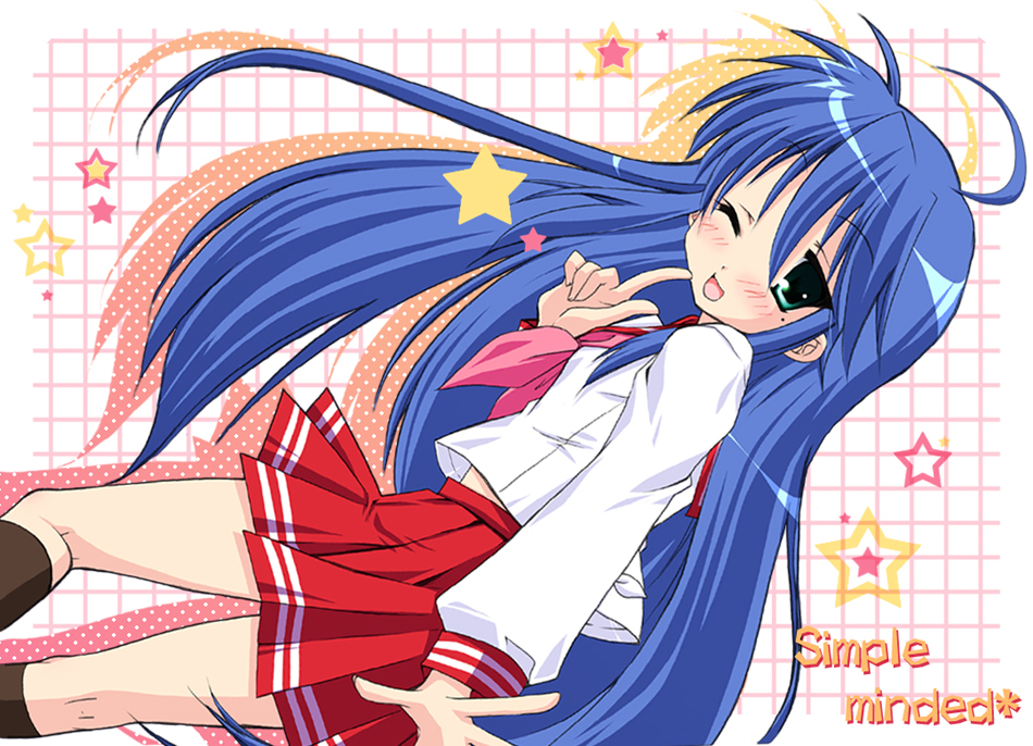 hayashi sakura, izumi konata, lucky star, rotated, 00s, 1girl, ;d, ahoge, black socks, blue hair, female focus, green eyes, kneepits, long hair, long sleeves, looking at viewer, mole, mole under eye, neckerchief, one eye closed, open mouth, pink neckerchief, pleated skirt, red skirt, sailor collar, school uniform, serafuku, skirt, smile, socks, solo, standing, very long hair