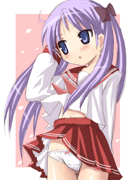 hiiragi kagami, lucky star, 00s, blue eyes, blush, panties, purple hair, ribbon, school uniform, serafuku, skirt, twintails, underwear, white panties