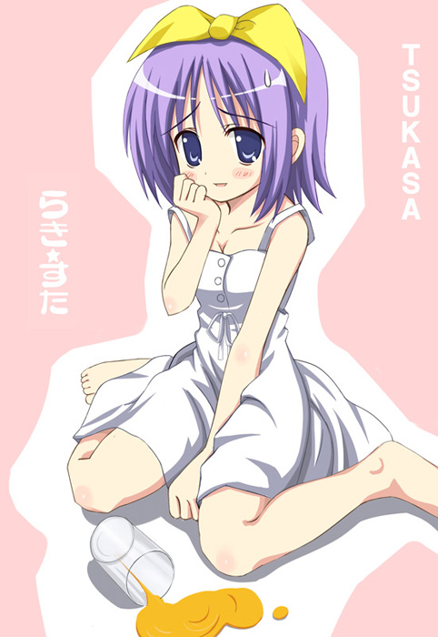 kiriya haruhito, hiiragi tsukasa, lucky star, 00s, 1girl, barefoot, blue eyes, blush, character name, copyright name, cup, dress, drinking glass, female focus, hair ribbon, hand up, purple hair, ribbon, short hair, sitting, solo, sweatdrop, wariza