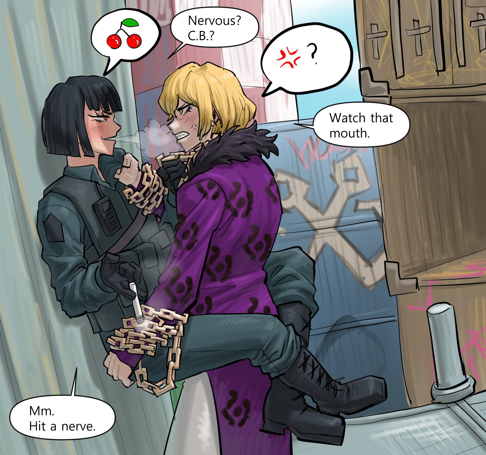 heppari, ryoshu (project moon), sinclair (project moon), limbus company, project moon, commentary, commission, english commentary, highres, 1boy, 1girl, anger vein, black gloves, black hair, blonde hair, blush, chain, chain necklace, cigarette, clenched teeth, coat, collared shirt, english text, flat chest, fur trim, gloves, hetero, holding, holding cigarette, jewelry, leg lock, long sleeves, necklace, open mouth, outdoors, purple coat, red eyes, shipping container, shirt, short hair, smoke, speech bubble, teeth, vest, yellow eyes