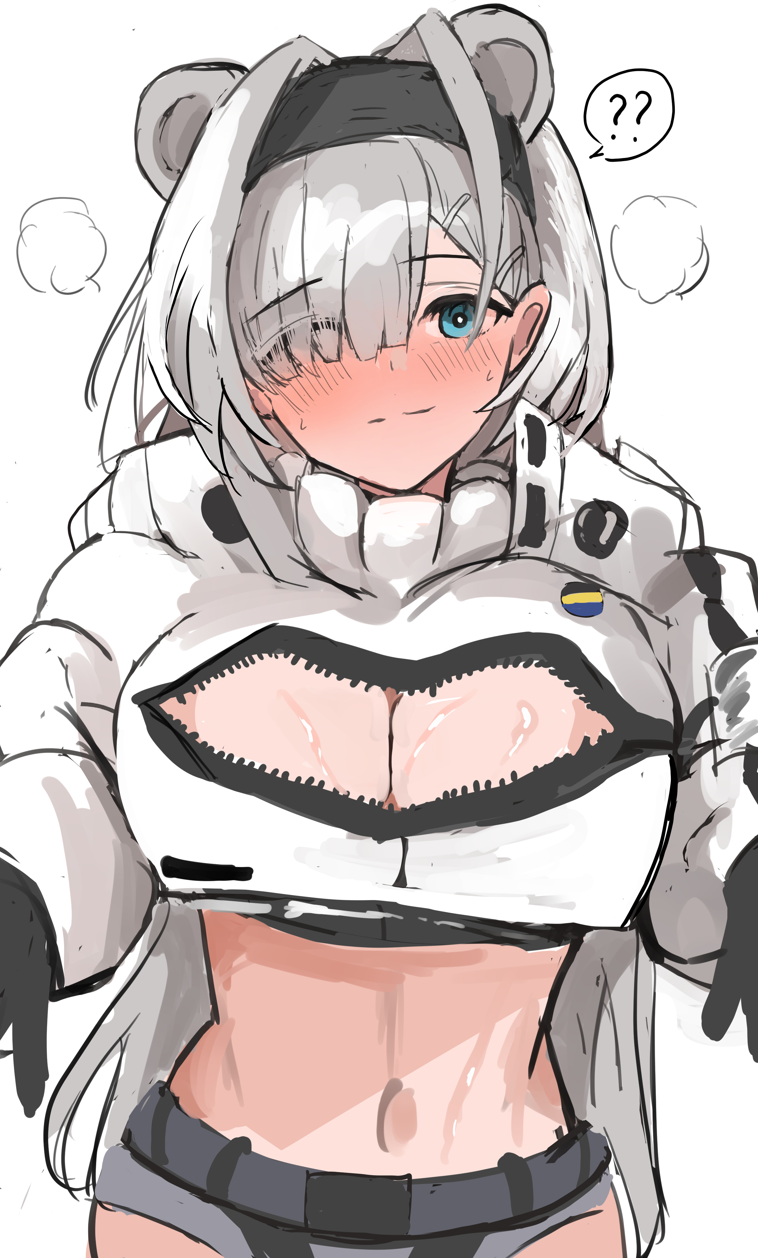 sunaneko, aurora (arknights), arknights, absurdres, commentary request, highres, paid reward available, 1girl, ?, ??, animal ears, bear ears, bear girl, black gloves, black hairband, blue eyes, blush, breasts, cleavage, cleavage cutout, closed mouth, clothing cutout, extra ears, gloves, grey hair, hair over one eye, hairband, jacket, large breasts, long sleeves, looking at viewer, midriff, reaching, reaching towards viewer, simple background, smile, solo, spoken question mark, sweat, upper body, white background, white jacket