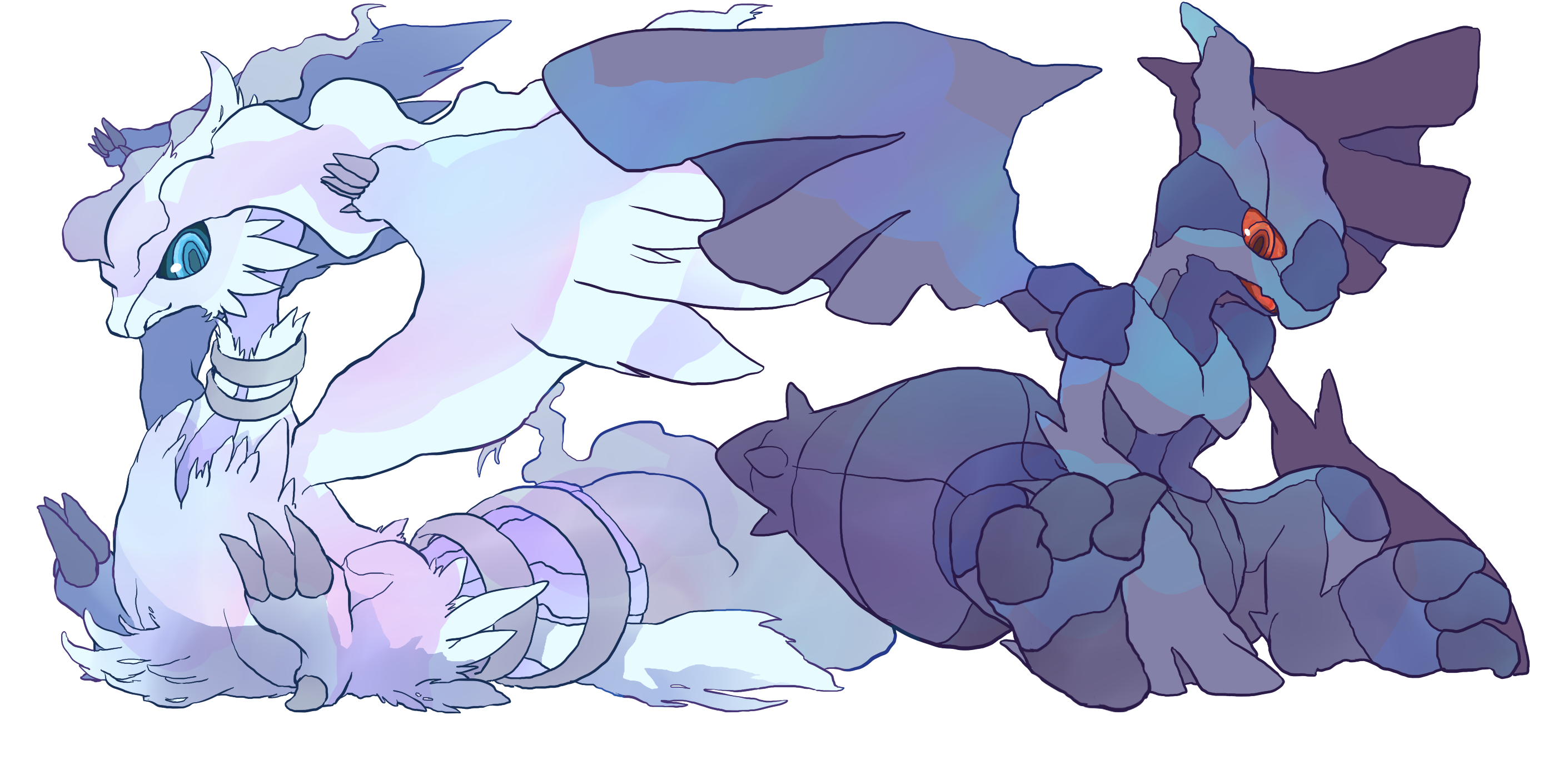 toneko, reshiram, zekrom, nintendo, pokemon, commentary request, highres, blue eyes, claws, closed mouth, dragon, gen 5 pokemon, legendary pokemon, no humans, open mouth, pokemon (creature), pokemon focus, red eyes, sitting, smile, transparent background, wings