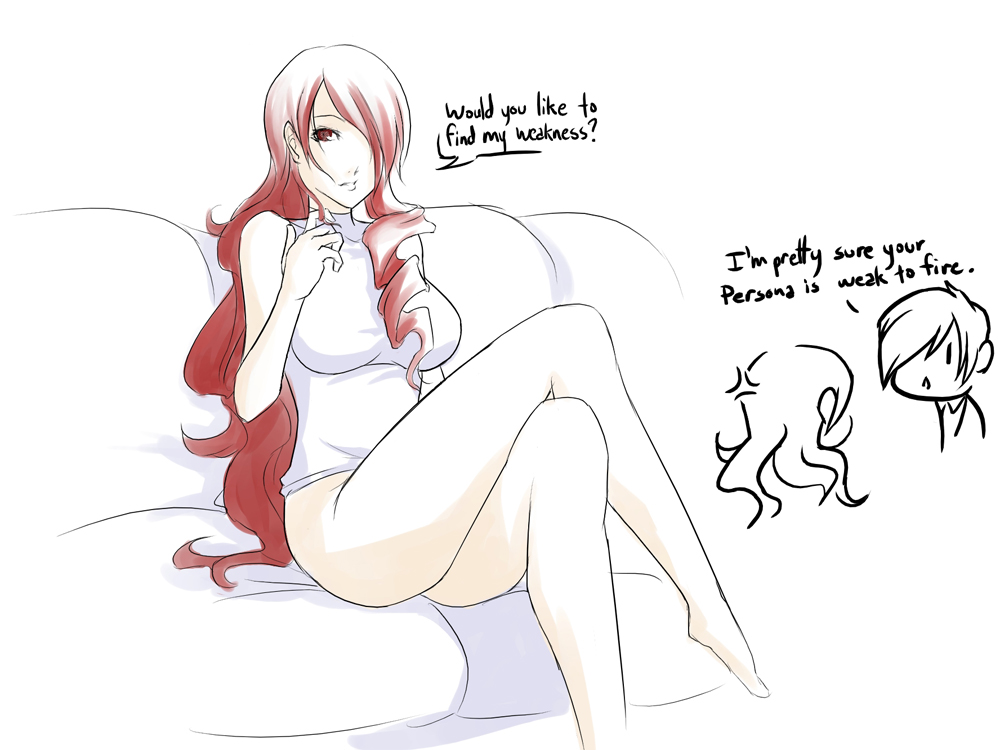 kirijou mitsuru, yuuki makoto (persona 3), atlus, persona, persona 3, artist request, translated, 1boy, 1girl, :<, anger vein, barefoot, bottomless, crossed legs, english text, hair over one eye, legs, long hair, red eyes, red hair
