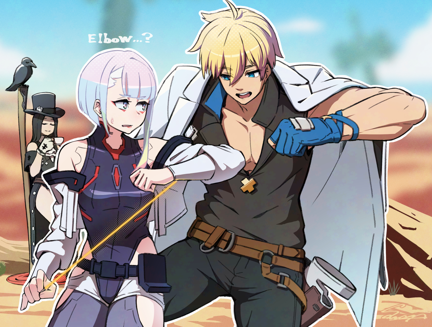 sawasa, ky kiske, lucy (cyberpunk), testament (guilty gear), cyberpunk: edgerunners, cyberpunk (series), guilty gear, guilty gear strive, 1boy, 1girl, 1other, bare shoulders, belt, bird, black hair, blonde hair, blue eyes, blue hair, bob cut, crow, cyborg, english text, eyeliner, eyeshadow, gradient hair, hat, jacket, long hair, makeup, monowire, multicolored hair, off-shoulder jacket, off shoulder, pink hair, red eyeliner, red eyeshadow, samurai jacket (cyberpunk), short hair, side slit, thighs, top hat, white jacket, wire