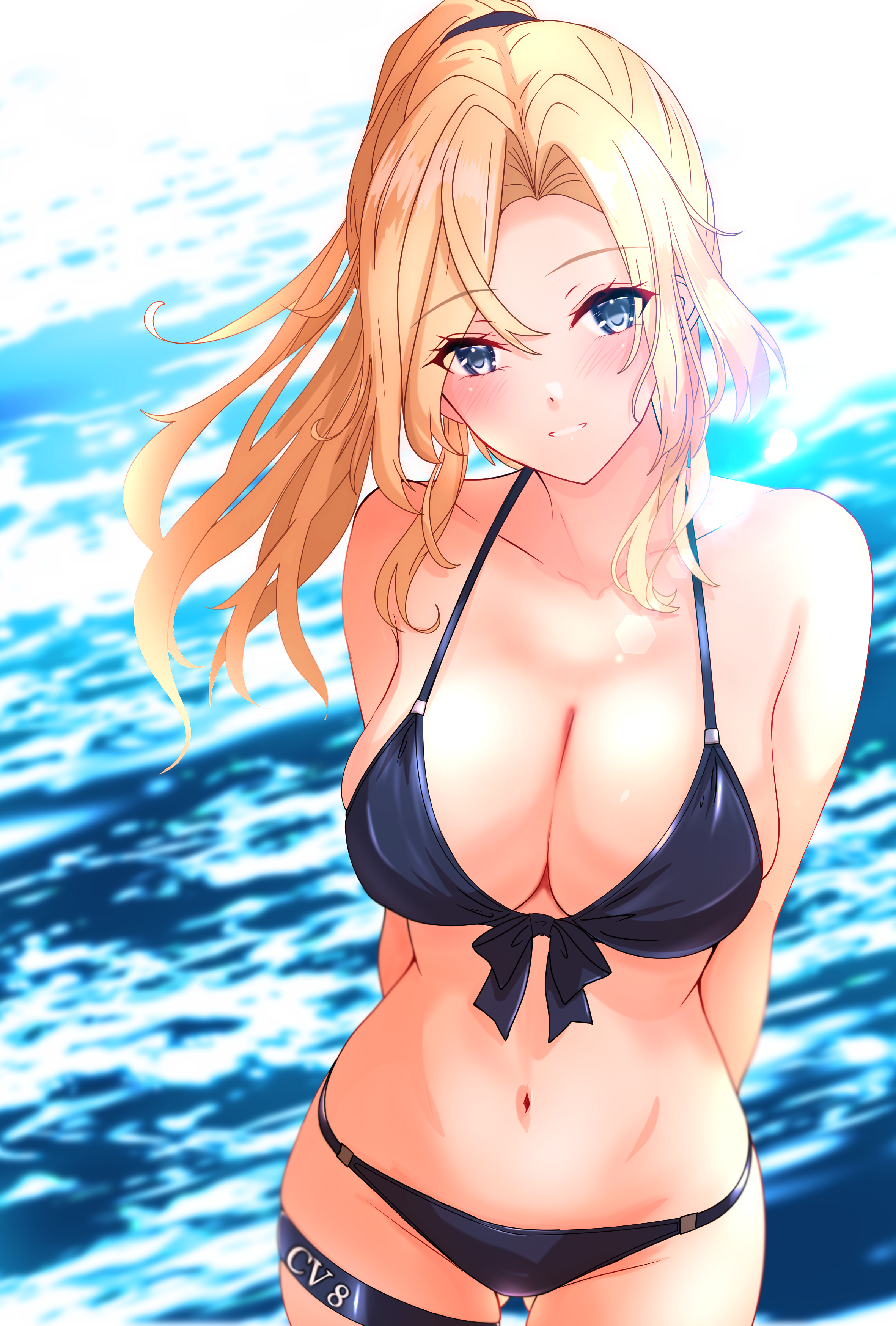 nitamako (sakamalh), hornet (kancolle), kantai collection, absurdres, commentary request, highres, 1girl, alternate costume, arms behind back, bikini, black bikini, blonde hair, blue eyes, blush, breasts, cleavage, cowboy shot, front-tie bikini top, front-tie top, gluteal fold, halterneck, high side ponytail, large breasts, long hair, looking at viewer, navel, parted lips, smile, solo, stomach, string bikini, swimsuit, thigh strap, water