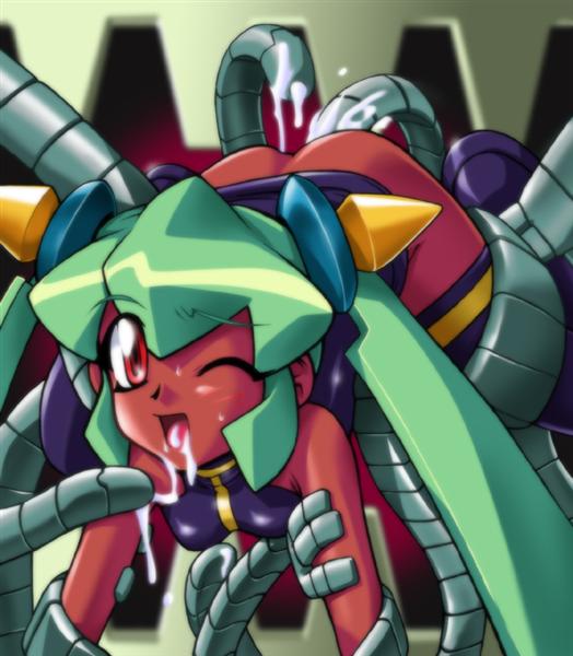 yuna (mega man), capcom, mega man (series), mega man legends (series), rockman dash 2, 1girl, looking at viewer, machine, one eye closed, tentacles, wince, wink