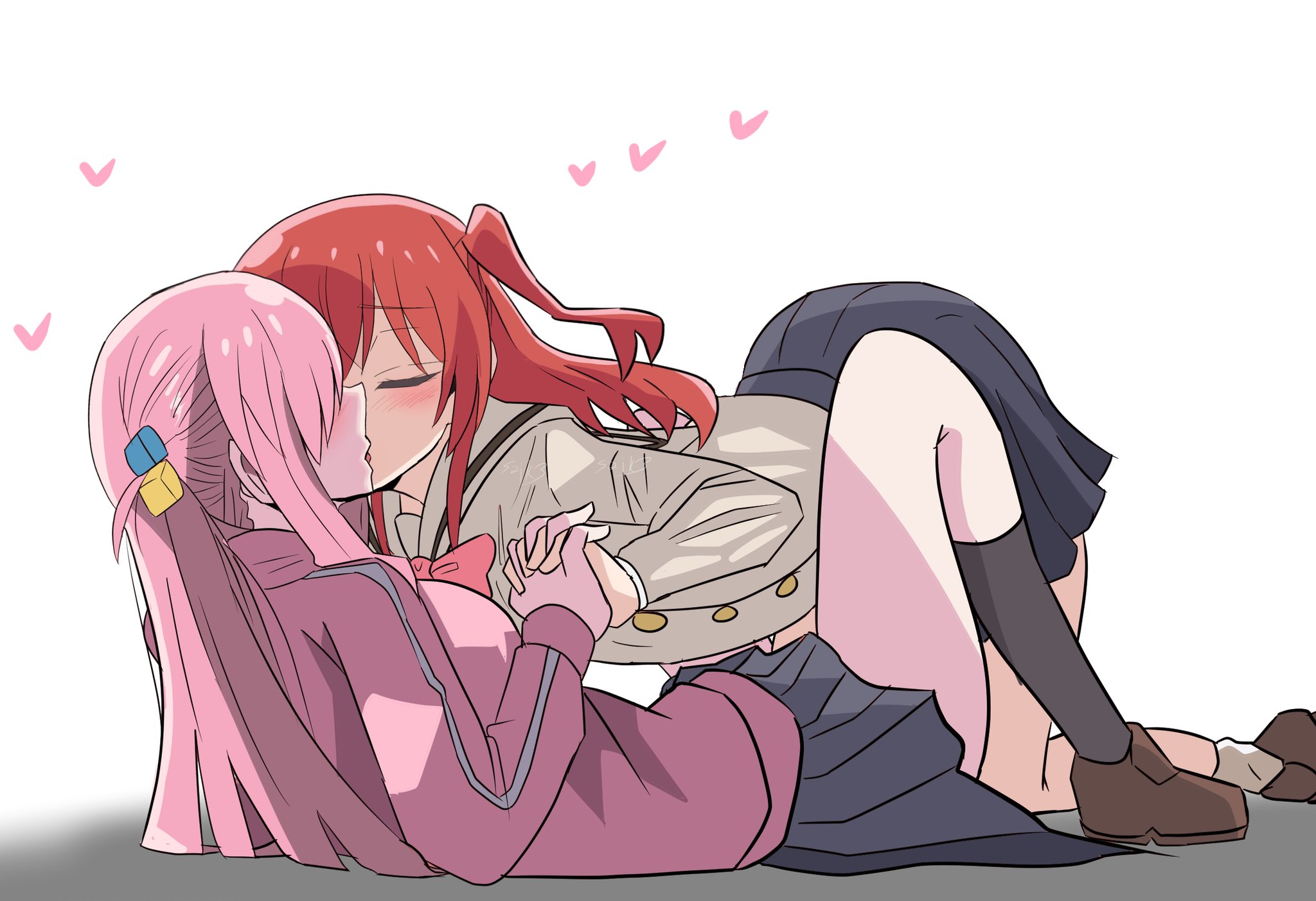 totsuka saika (totsukasaika59), gotoh hitori, kita ikuyo, bocchi the rock!, highres, 2girls, black leggings, cube hair ornament, french kiss, girl on top, grey skirt, hair ornament, heart, interlocked fingers, jacket, kiss, leggings, long hair, multiple girls, pink hair, pink jacket, pink track suit, red hair, school uniform, shuka high school uniform, side ahoge, side ponytail, simple background, skirt, track jacket, track suit, white background, yuri
