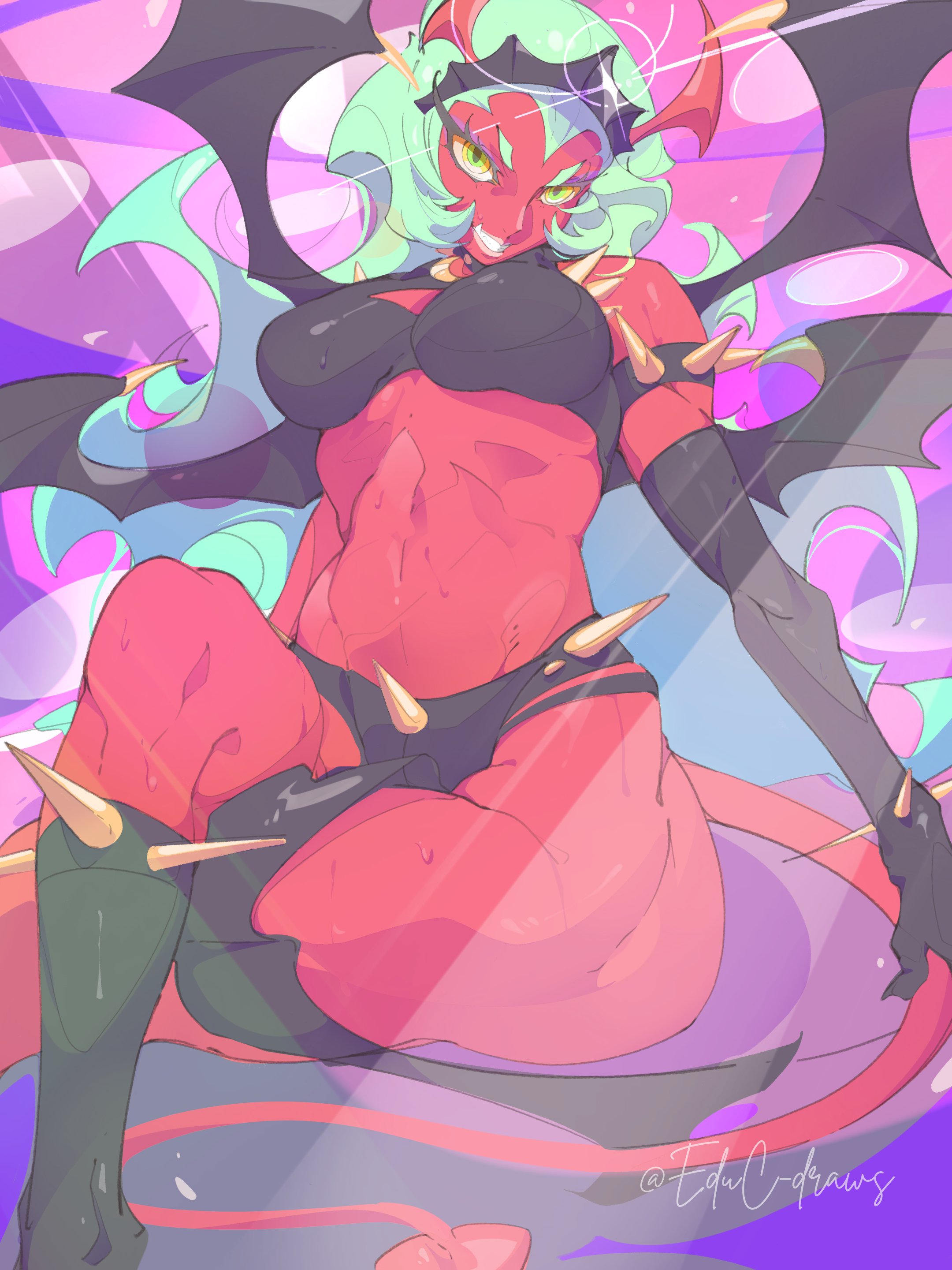 educ draws, scanty (psg), panty & stocking with garterbelt, breasts, colored skin, demon girl, demon horns, demon tail, demon wings, elbow gloves, gloves, green hair, horns, large breasts, long hair, looking at viewer, muscular, muscular female, navel, red skin, revealing clothes, smile, spiked anklet, tail, thick thighs, thighs, very long hair, wings