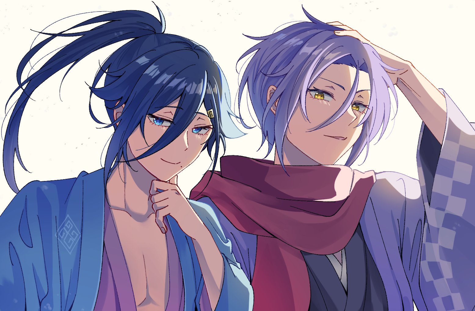 cecilus segmunt, julius juukulius, re:zero kara hajimeru isekai seikatsu, 2boys, ahoge, blue eyes, blue hair, closed mouth, everyone, hair between eyes, hair ornament, hand in own hair, hand on own chin, japanese clothes, kimono, long hair, looking at viewer, male focus, mole, mole under mouth, multiple boys, open clothes, oshi suko1, ponytail, purple hair, sash, scarf, short hair, simple background, smile, smug, upper body, white background, yellow eyes, yukata
