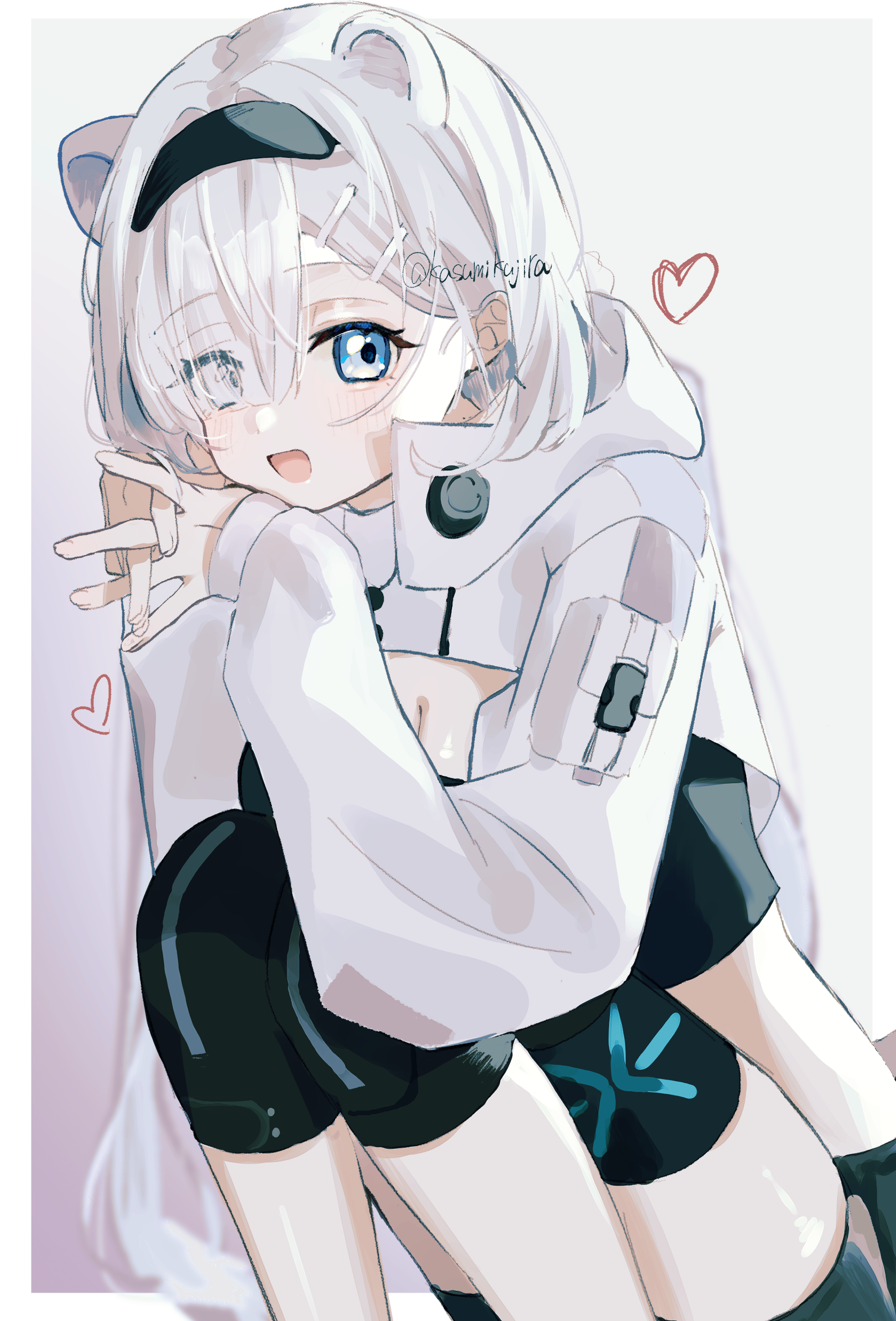 kasumi kujira, aurora (arknights), aurora (elite ii) (arknights), arknights, absurdres, highres, 1girl, :d, animal ears, bear ears, bear girl, black hairband, black shorts, black sports bra, blue eyes, blush, breasts, cleavage, extra ears, eyes visible through hair, feet out of frame, hair over one eye, hairband, heart, long hair, long sleeves, open mouth, puffy long sleeves, puffy sleeves, short shorts, shorts, shrug (clothing), skindentation, smile, solo, sports bra, squatting, twitter username, white hair, white shrug