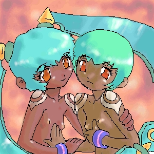 sera (mega man), yuna (mega man), capcom, mega man (series), mega man legends (series), lowres, tagme, 2girls, aqua hair, multiple girls, nipples