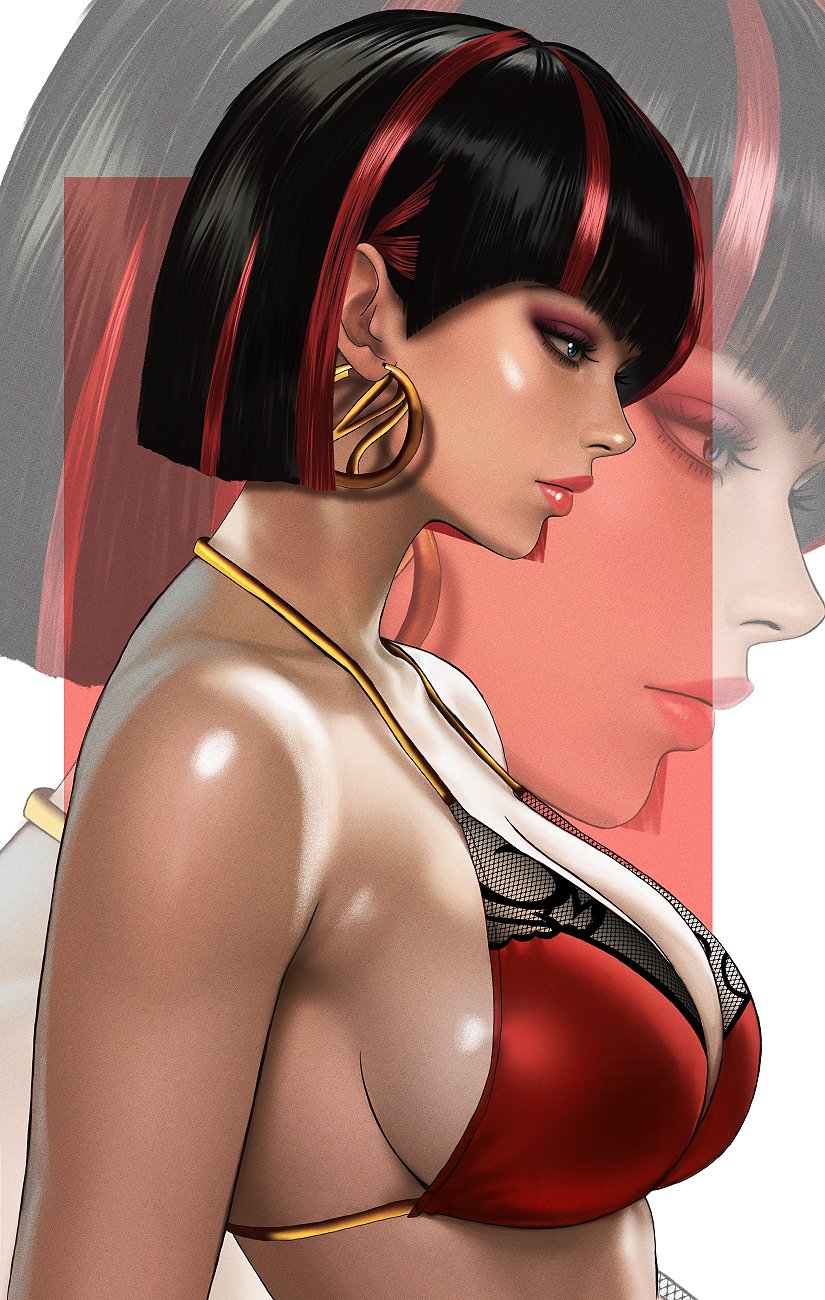 kittymiya, commentary, highres, symbol-only commentary, 1girl, bare shoulders, black hair, blue eyes, bob cut, bra, breasts, cleavage, earrings, from side, jewelry, lipstick, makeup, multicolored hair, red bra, red hair, solo, underwear