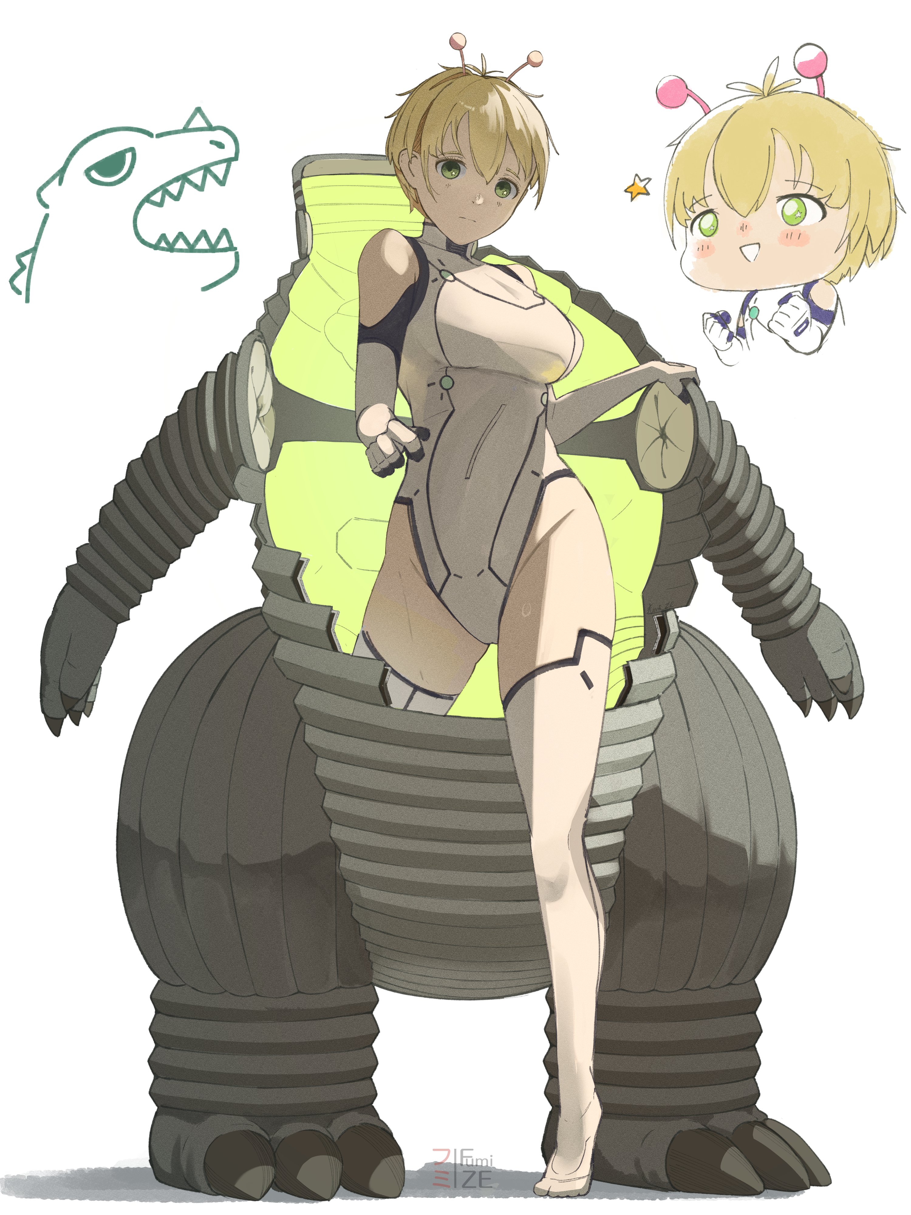 fumizeart, vamola (dandadan), dandadan, absurdres, highres, 1girl, alien, antennae, bare shoulders, blonde hair, bodysuit, chibi, fortified suit, highleg, highleg leotard, kaiju, leotard, mecha pilot suit, plugsuit (evangelion), science fiction, short hair, thighhighs, white bodysuit, white leotard, white thighhighs