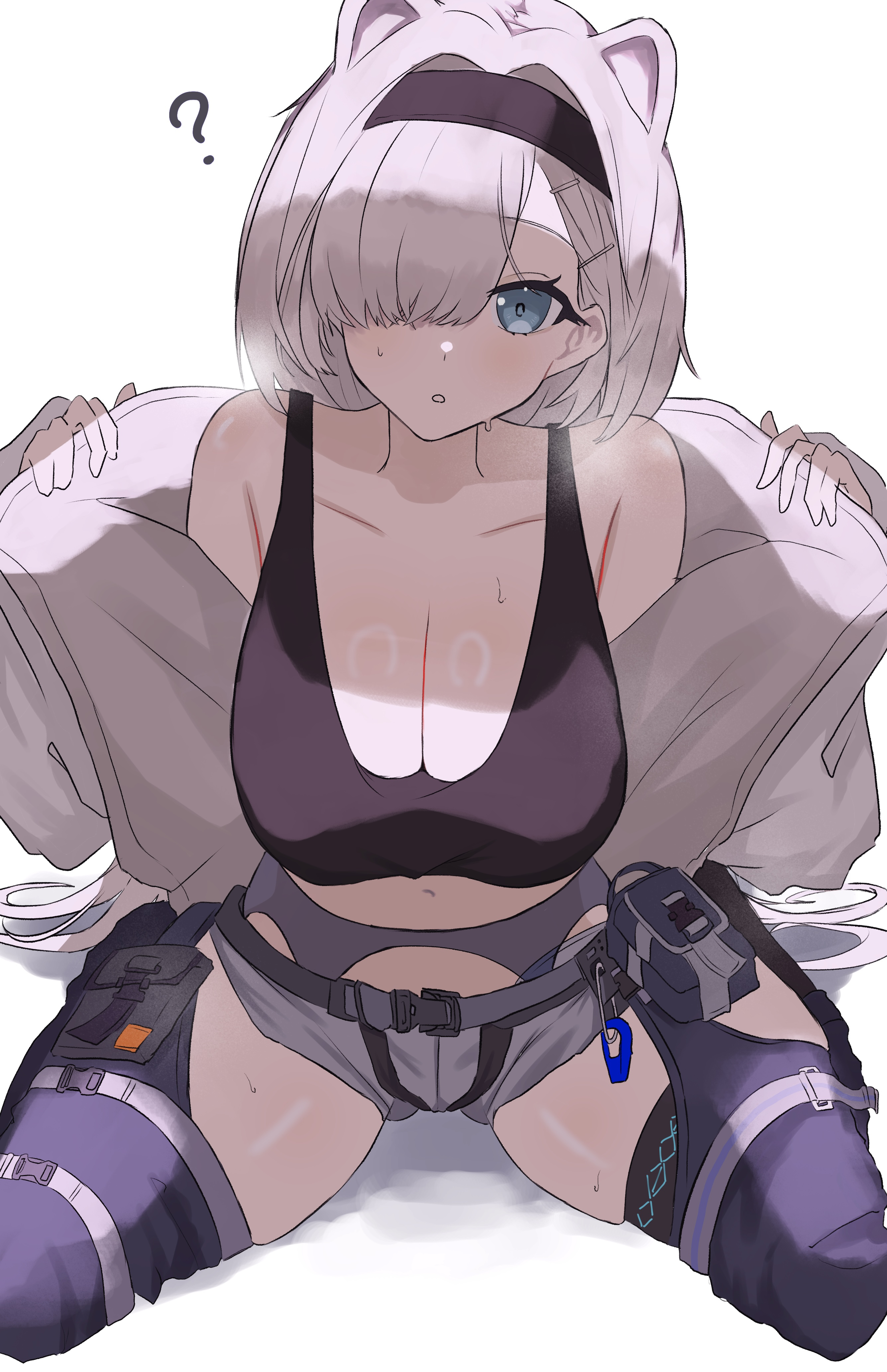 yashiro 3108, aurora (arknights), arknights, absurdres, highres, 1girl, :o, ?, animal ears, bear ears, bear girl, black hairband, black sports bra, blue eyes, breasts, cleavage, collared shirt, extra ears, grey hair, grey shorts, hair over one eye, hairband, jacket, large breasts, long hair, navel, open clothes, open jacket, parted lips, removing jacket, ring light reflection, shirt, short shorts, shorts, simple background, sitting, skindentation, solo, sports bra, thighs, very long hair, wariza, white background