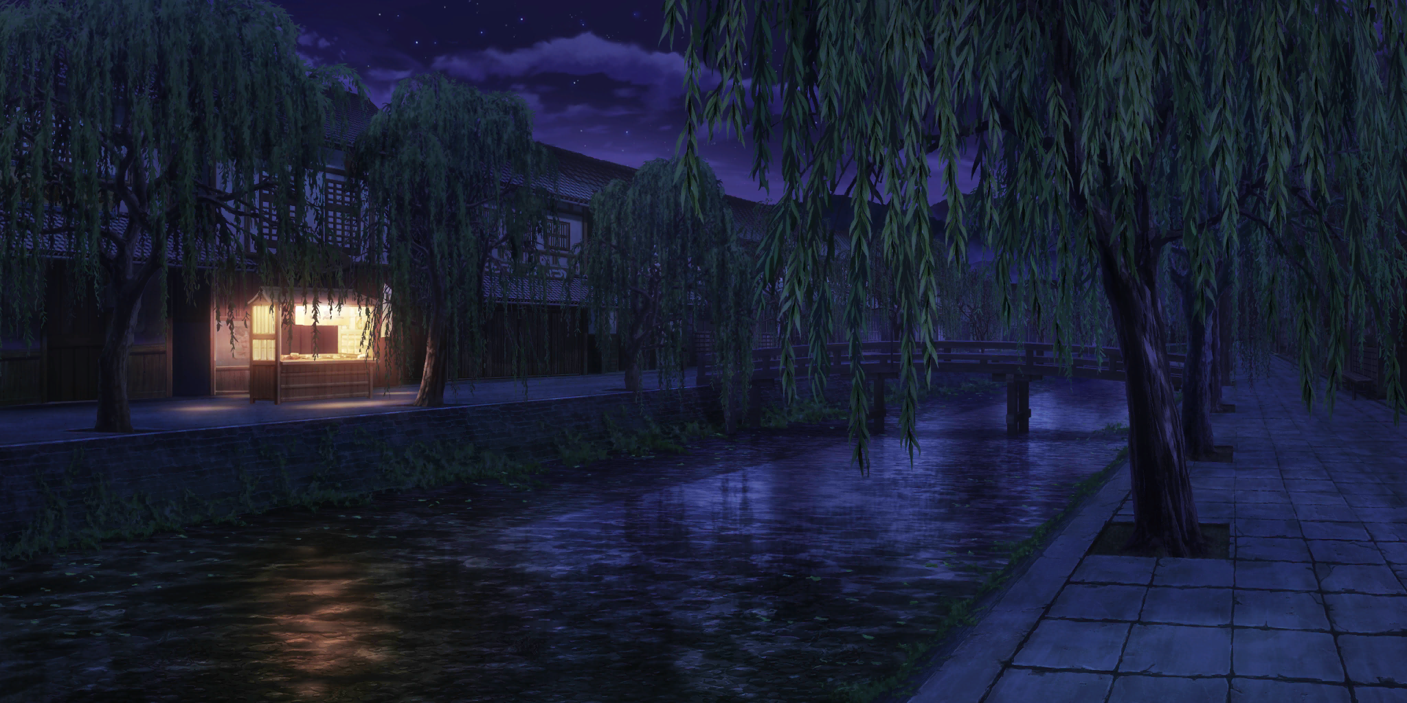 touhou, touhou lostword, artist request, game cg, highres, third-party source, architecture, bridge, building, cloud, east asian architecture, night, night sky, no humans, river, scenery, sky, star (sky), starry sky, tree