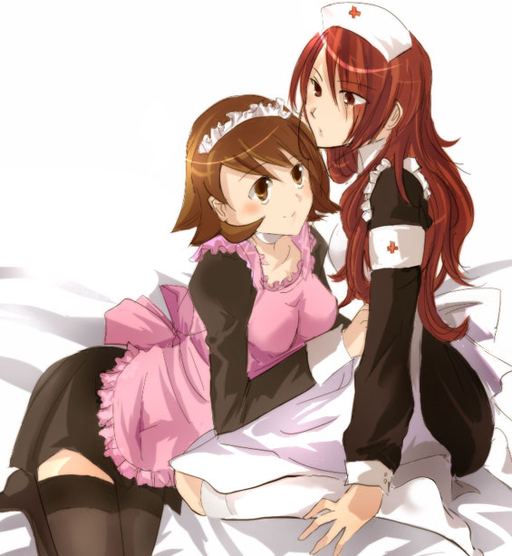 kirijou mitsuru, takeba yukari, atlus, persona, persona 3, 2girls, apron, blush, breasts, female focus, multiple girls, nurse, sitting, thighhighs, yuri