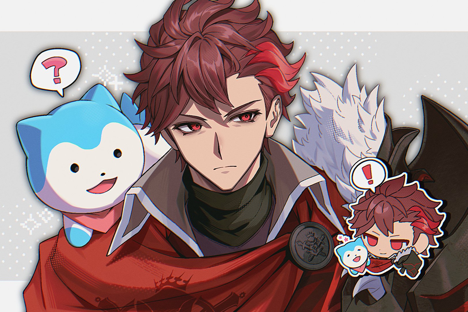 makerunaaaaaaa, diamant (fire emblem), sommie (fire emblem), fire emblem, fire emblem engage, nintendo, highres, 1boy, 1other, armor, blue fur, cape, closed mouth, collared cloak, looking at viewer, male focus, prince, red cape, red eyes, red hair, shoulder armor, two-tone fur, white fur