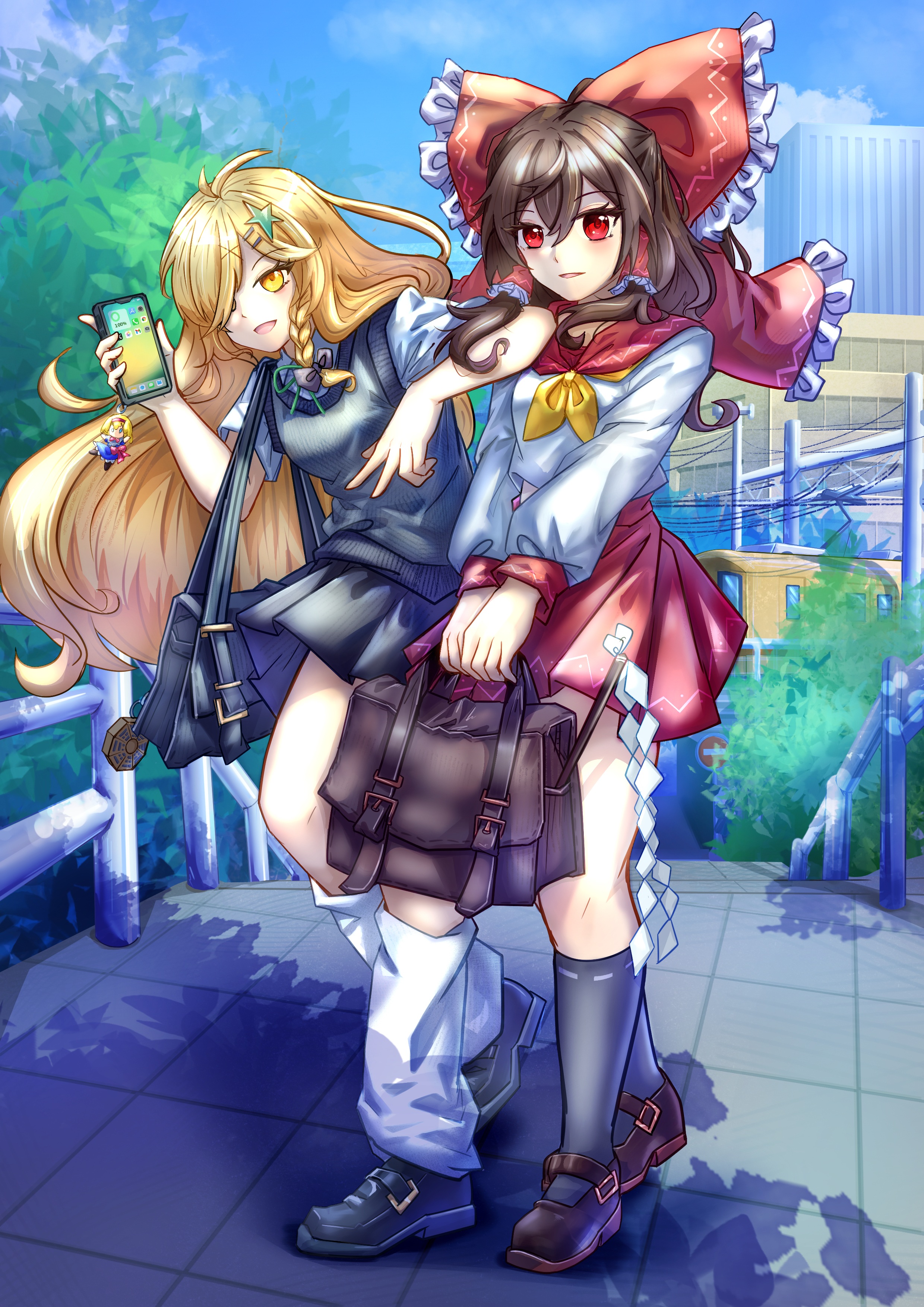 s-tea-m, alice margatroid, hakurei reimu, kirisame marisa, touhou, absurdres, commentary request, highres, 2girls, alternate costume, black bow, black shoes, black skirt, black socks, black sweater vest, blonde hair, blue sky, blush, bow, braid, briefcase, brown hair, brown shoes, building, cellphone, cellphone charm, character doll, charm (object), cloud, collar, doll, foliage, gohei, hair bow, hair ornament, hair over one eye, hair tubes, holding, holding briefcase, holding phone, knees, leg warmers, long hair, long sleeves, mary janes, multiple girls, neckerchief, no headwear, open mouth, pavement, phone, pleated skirt, power lines, railing, red bow, red collar, red eyes, red skirt, school briefcase, school uniform, serafuku, shirt, shoes, short sleeves, single braid, skirt, sky, smartphone, smile, socks, stairs, star (symbol), star hair ornament, sweater vest, train, utility pole, white leg warmers, white shirt, yellow eyes, yellow neckerchief