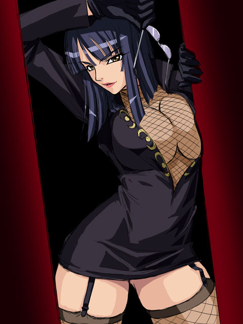 kagami hirotaka, kalifa (one piece), nico robin, one piece, 1girl, arm up, black dress, black gloves, black hair, breast press, breasts, cleavage, cosplay, cowboy shot, doorway, dress, female focus, fishnet thighhighs, fishnets, garter straps, glasses, gloves, high collar, holding, holding removed eyewear, kalifa (one piece) (cosplay), large breasts, lipstick, long hair, long sleeves, looking at viewer, makeup, no bra, parted lips, red lips, short dress, sketch, solo, thighhighs, unworn eyewear, wide hips, zettai ryouiki