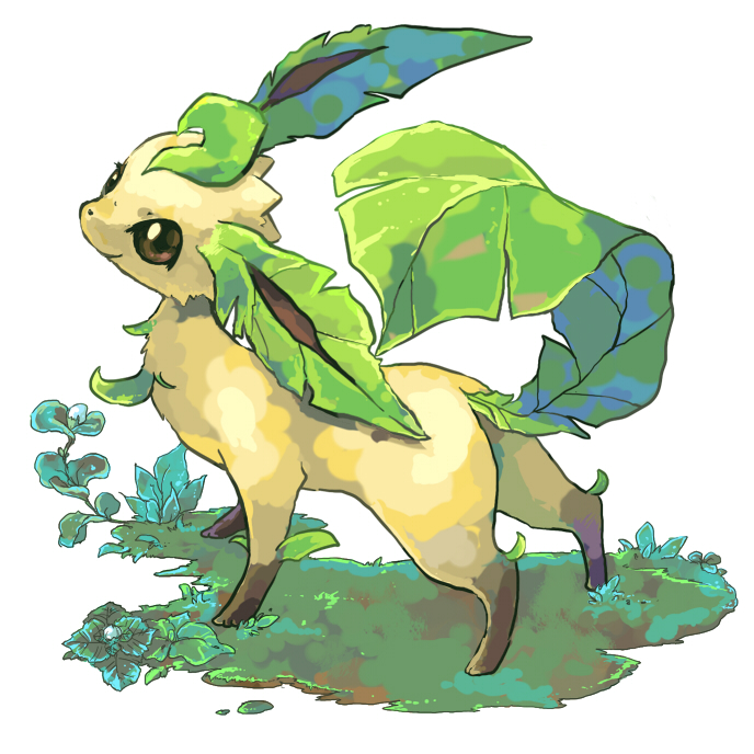 toneko, leafeon, nintendo, pokemon, commentary request, brown eyes, flower, gen 4 pokemon, grass, no humans, pokemon (creature), pokemon focus, simple background, smile, solo, white background