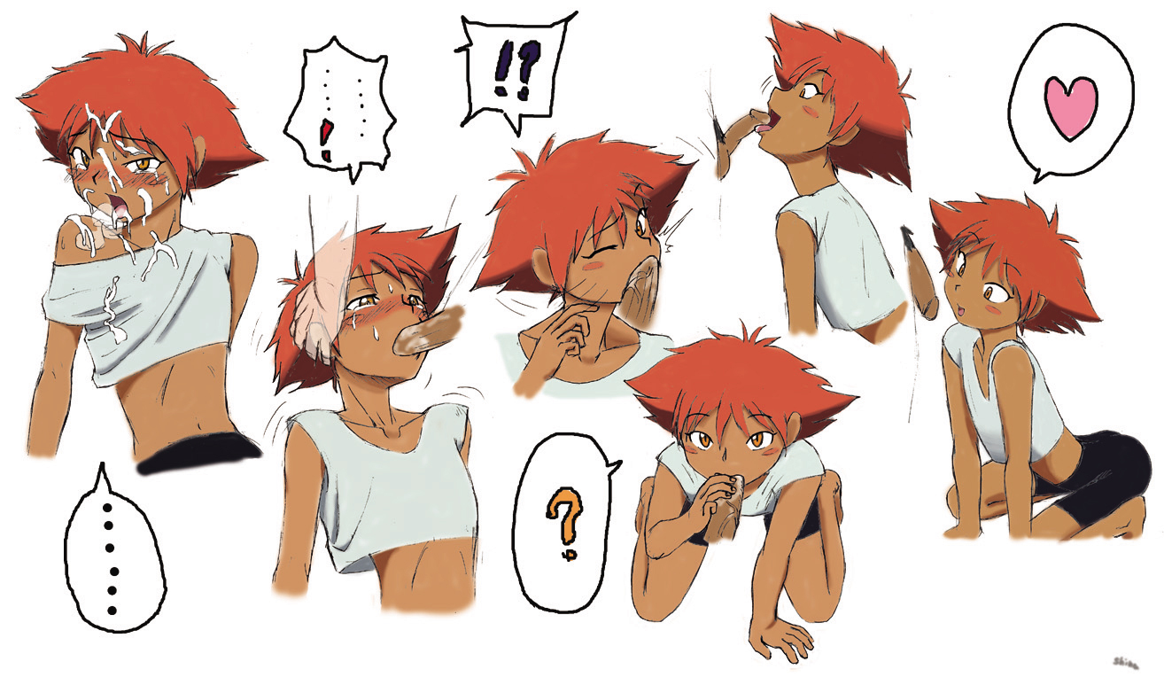 shinachiku, edward wong hau pepelu tivrusky iv, cowboy bebop, 1990s (style), 1girl, blush, cum, cum in mouth, cum on body, cum on clothes, cum on upper body, dark skin, facial, fellatio, hands on another's head, heart, licking, loli, multiple views, open mouth, oral, orange eyes, penis, red hair, retro artstyle, short hair, spoken heart, sweat
