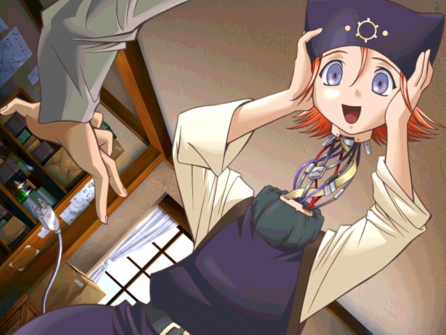 nano-beta, koisuru oukoku, game cg, 1girl, android, blue eyes, male hand, open mouth, orange hair, robot, short hair, what