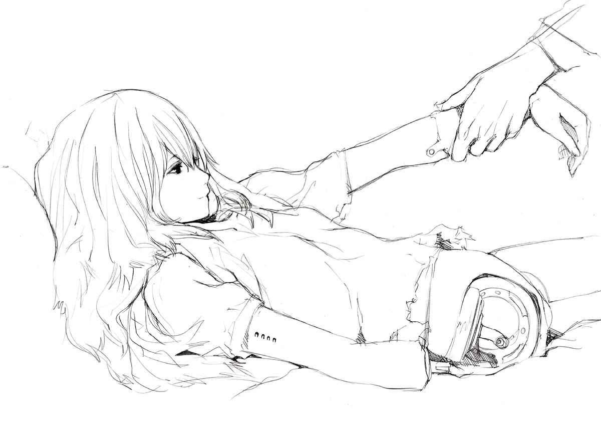 houden eizou, 1girl, amputee, android, damaged, greyscale, long hair, lying, monochrome, nude, on back, robot, sketch, smile, solo focus, white background