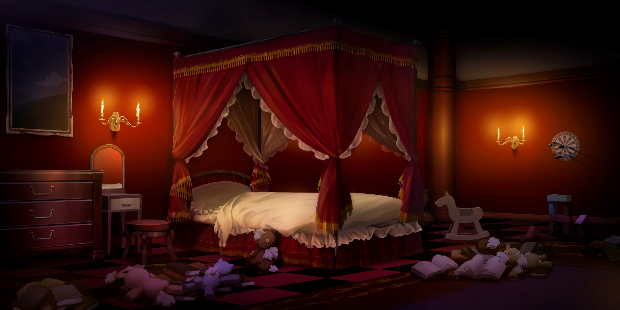 touhou, touhou lostword, artist request, game cg, highres, third-party source, bed, bedroom, book, book stack, broken, candelabra, candlestand, canopy bed, checkered floor, dart, dartboard, drawer, horse, indoors, mirror, no humans, pillow, rocking, scarlet devil mansion, stuffed animal, stuffed toy, stuffing, table, teddy bear, toy block, vanity table