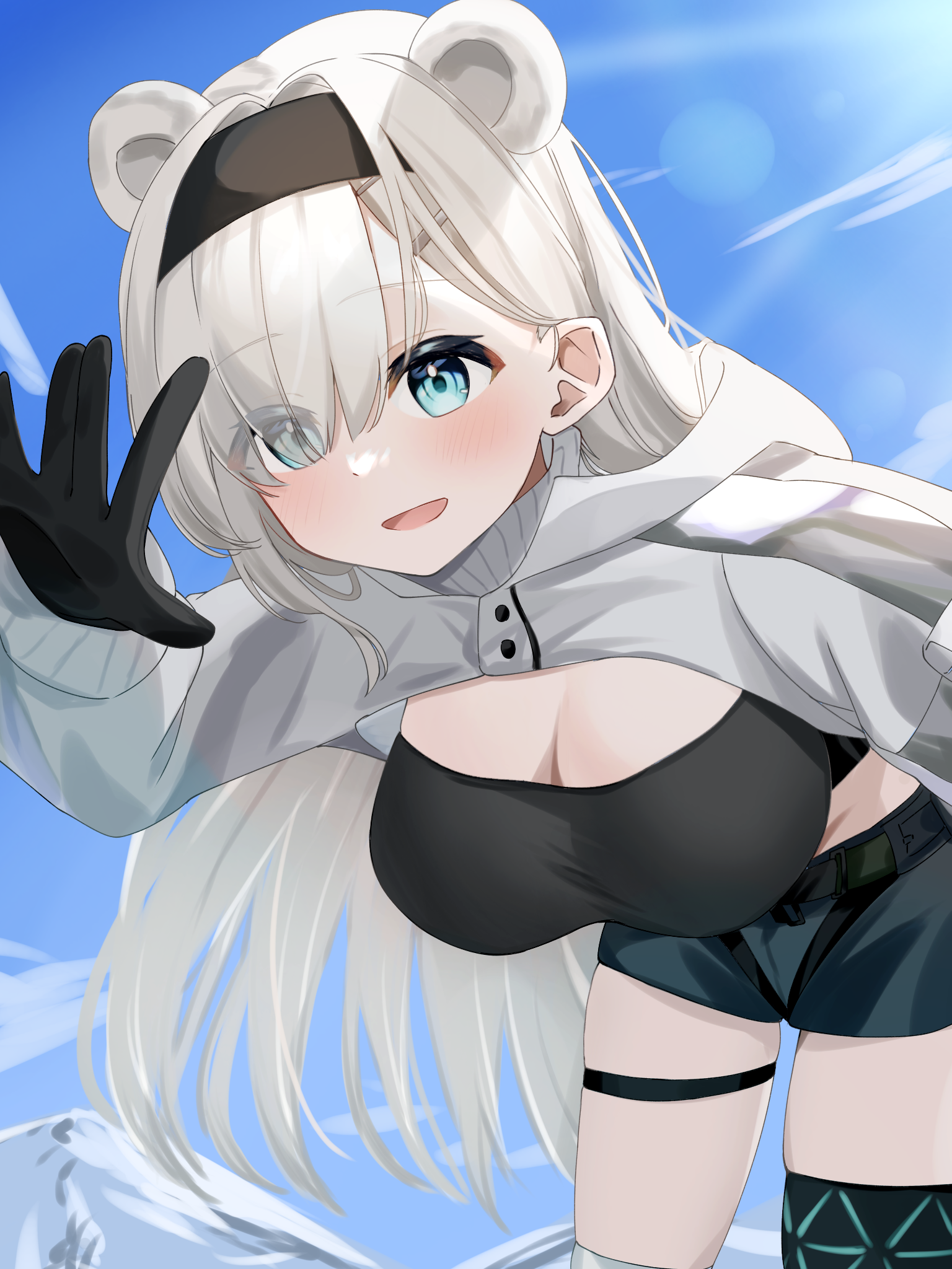 nishimiya aki, aurora (arknights), aurora (elite ii) (arknights), arknights, highres, 1girl, :d, animal ears, bear ears, bear girl, black gloves, black hairband, black shorts, black sports bra, blue eyes, blue sky, breasts, cleavage, extra ears, gloves, hairband, large breasts, leaning forward, long hair, long sleeves, looking at viewer, open mouth, outdoors, short shorts, shorts, shrug (clothing), skindentation, sky, smile, solo, sports bra, thigh strap, white hair, white shrug