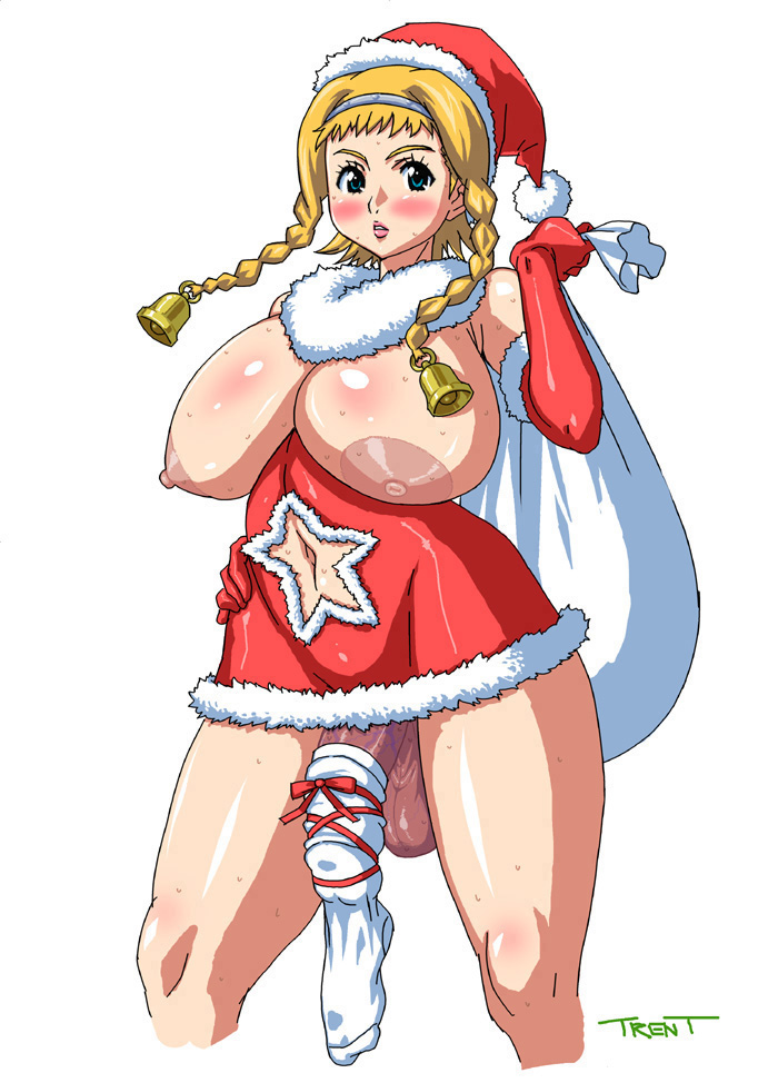 leina (queen's blade), queen's blade, 00s, 1futa, aqua eyes, bell, blonde hair, blush, breasts, christmas, elbow gloves, erection, futanari, gloves, huge breasts, long hair, navel, nipples, no bra, no panties, penis, santa costume, simple background, socks, solo, testicles