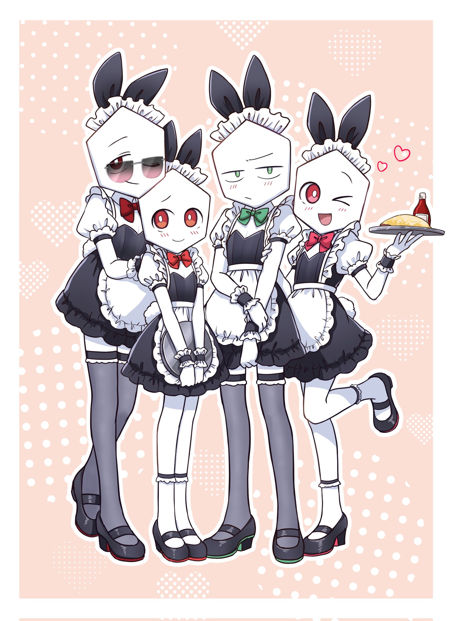deltarune, utdr (toby fox), commentary request, corrupted twitter file, highres, 4others, animal ears, apron, black dress, black shoes, black thighhighs, blush, border, bow, bright pupils, bunny day, dress, f t ura, fake animal ears, food, full body, green bow, green eyes, green pippins, hand on another's back, hand up, heart, holding, holding tray, ketchup bottle, maid, maid apron, multiple others, omelet, omurice, one eye closed, pippins (deltarune), red bow, red eyes, shoes, smile, socks, sunglasses, thighhighs, tray, white apron, white border, white pupils, white socks, wrist cuffs