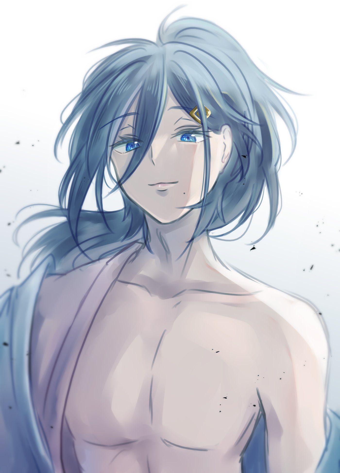 cecilus segmunt, re:zero kara hajimeru isekai seikatsu, highres, 1boy, ahoge, bare shoulders, blue eyes, blue hair, closed mouth, collarbone, debris, hair between eyes, hair ornament, long hair, looking at viewer, male focus, mole, mole under mouth, open clothes, oshi suko1, ponytail, robe, simple background, smile, solo, topless male, upper body, white background