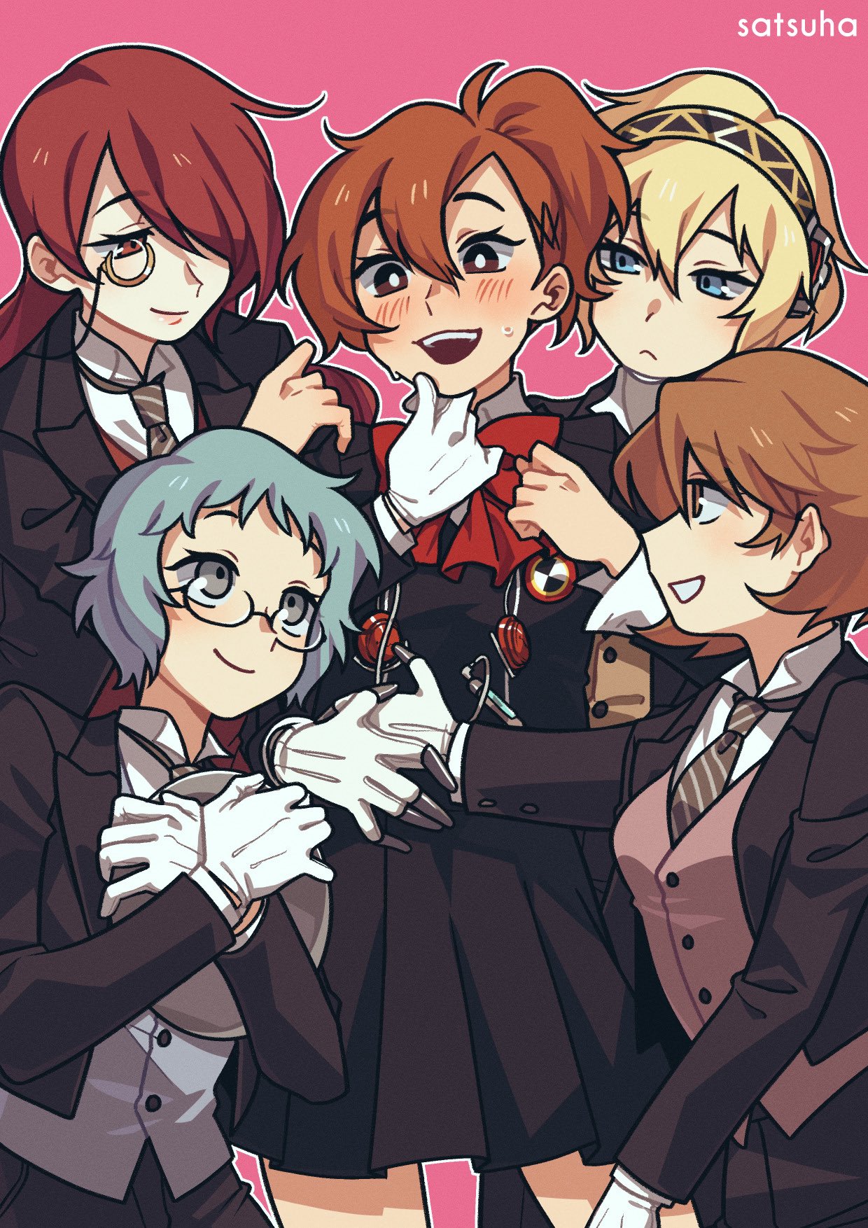 aigis (persona), kirijou mitsuru, shiomi kotone, takeba yukari, yamagishi fuuka, persona, persona 3, persona 3 portable, commentary, english commentary, highres, 5girls, arcanaham, artist name, bespectacled, black jacket, black pants, black skirt, blazer, blonde hair, blue eyes, blue hair, blush, bow, bright pupils, brown hair, butler, closed mouth, crossdressing, crossdressing (ftm), diagonal-striped clothes, diagonal-striped necktie, digital media player, female butler, flustered, gekkoukan high school uniform, glasses, gloves, grabbing another's chin, grey eyes, grey vest, hair between eyes, hair ornament, hair over one eye, hairclip, half-closed eyes, hand on another's chin, harem, headphones, holding, holding tray, hug, hug from behind, jacket, looking at another, monocle, multiple girls, necktie, open mouth, pants, pink background, pink vest, pleated skirt, red bow, red eyes, red hair, red vest, school uniform, semi-rimless eyewear, shirt, short hair, skirt, smile, striped clothes, sweat, teeth, tray, upper teeth only, vest, white gloves, white pupils, white shirt, yuri
