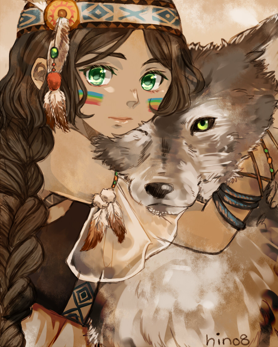 hino (8), miracle nikki, nikki (series), commentary request, partial commentary, animal, animal hug, black hair, black shirt, bracelet, braid, breasts, brown background, brown headband, closed mouth, dark-skinned female, dark skin, detached sleeves, expressionless, eyelashes, facepaint, feather hair ornament, feathers, green eyes, hair ornament, headband, jewelry, lips, long hair, low twin braids, multiple bracelets, native american, pink lips, pleated skirt, pleated sleeves, pom pom (clothes), shirt, signature, skirt, sleeveless, sleeveless shirt, soaring eagle (miracle nikki), twin braids, very long hair, white sleeves, wolf