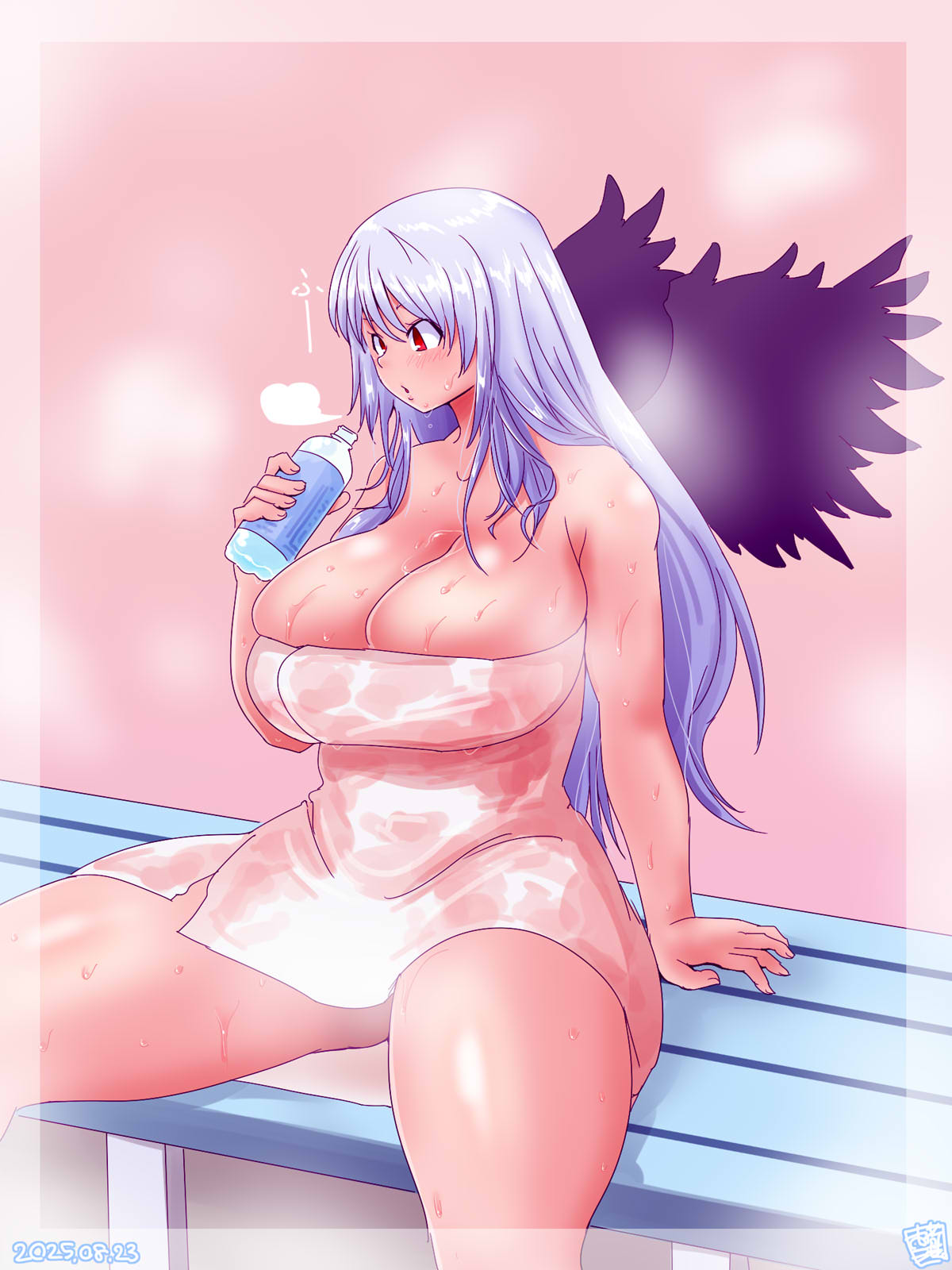 itini-sanshi, suigintou, rozen maiden, commentary request, highres, 1girl, alternate breast size (larger), blush, bottle, breasts, cleavage, feathered wings, feet out of frame, grey hair, holding, holding bottle, huge breasts, long hair, naked towel, on bench, open mouth, pink background, purple wings, red eyes, sitting, solo, steam, towel, water bottle, wet, wings