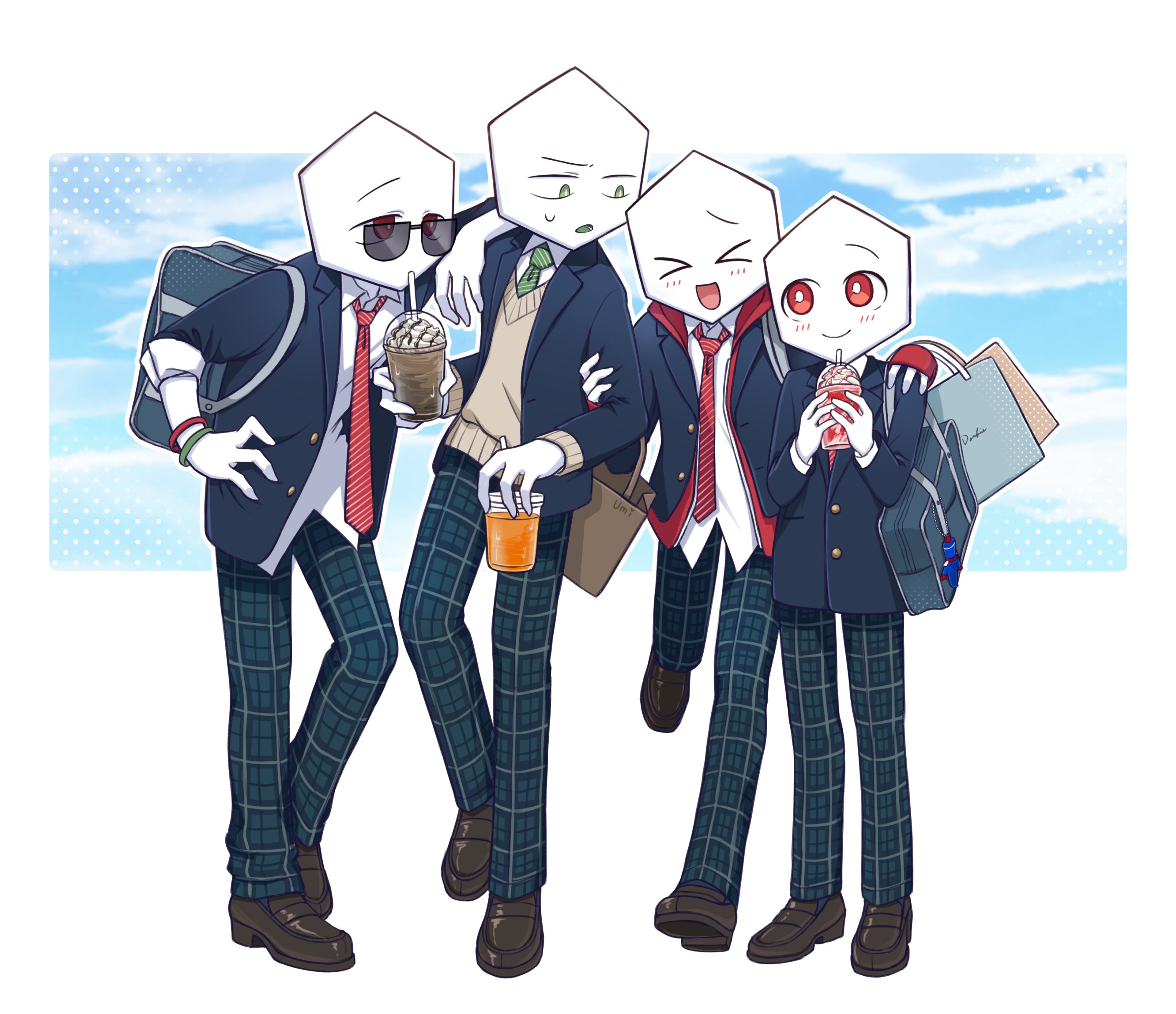 deltarune, utdr (toby fox), absurdres, highres, > <, 4others, arm on another's shoulder, black jacket, blue sky, blush, bright pupils, brown shoes, brown sweater vest, cloud, collared shirt, cup, disposable cup, f t ura, frappuccino, full body, grabbing another's arm, green eyes, green necktie, green pants, green pippins, hands up, holding, holding cup, jacket, looking at another, multiple others, necktie, open clothes, open jacket, pants, pippins (deltarune), red eyes, red necktie, school uniform, shirt, shoes, sky, small sweatdrop, smile, sunglasses, sweater vest, white pupils, white shirt
