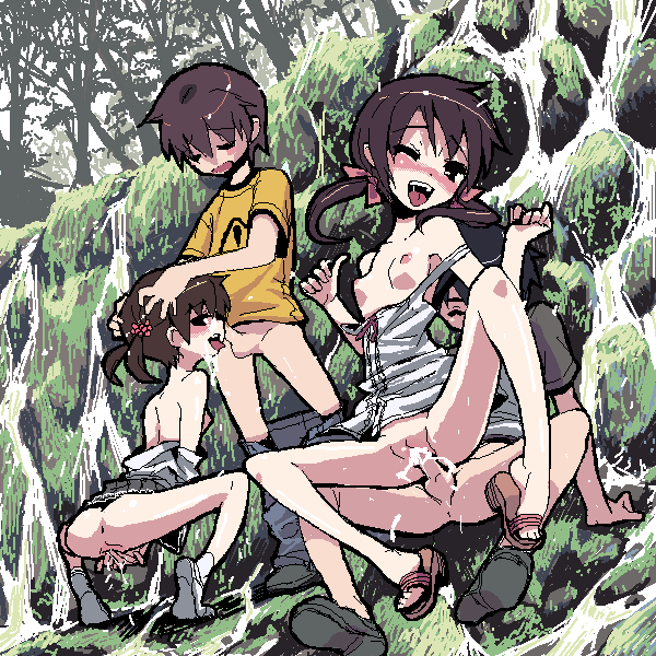 kurusu tatsuya, copyright request, 2boys, 2girls, anus, ass, blush, bottomless, breasts, clothes lift, clothes pull, cum, cum in pussy, fellatio, female masturbation, forest, group sex, hands on another's head, happy, happy sex, hetero, jaggy lines, kodomo doushi, loli, masturbation, multiple boys, multiple girls, nature, naughty face, nipples, no panties, oekaki, one eye closed, open mouth, oral, orgy, outdoors, pants, pants pull, penis, reverse upright straddle, sex, sex from behind, shirt lift, shota, sitting, small breasts, small penis, spread legs, squatting, standing, tree, uncensored, vaginal, wink