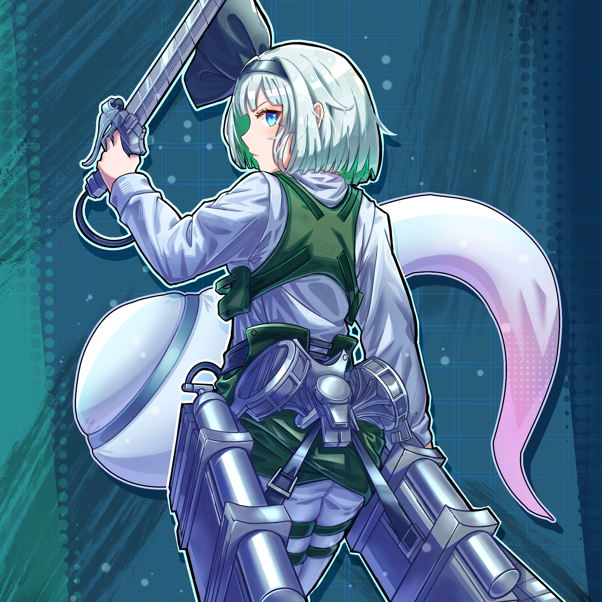 s-tea-m, konpaku youmu, konpaku youmu (ghost), shingeki no kyojin, touhou, commentary, english commentary, highres, 1girl, aqua background, belt, black belt, black hairband, black ribbon, blue eyes, cowboy shot, from behind, green vest, grey hair, hair ribbon, hairband, hand up, holding, holding sword, holding weapon, light particles, long sleeves, looking back, medium hair, pants, profile, ribbon, shirt, short hair, solo, sword, three-dimensional maneuver gear, vest, weapon, white pants, white shirt