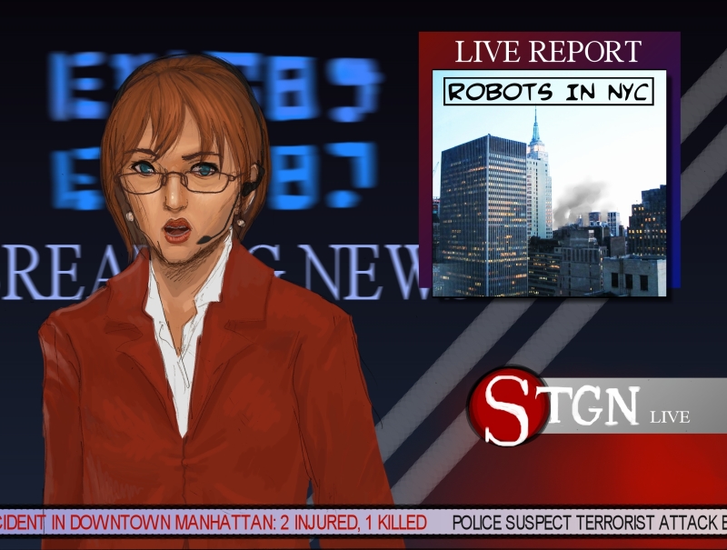 original, rpg maker, artist request, concept art, tagme, 1girl, english text, female focus, glasses, headset, lipstick, looking at viewer, makeup, news, newscaster, red hair, solo, text focus