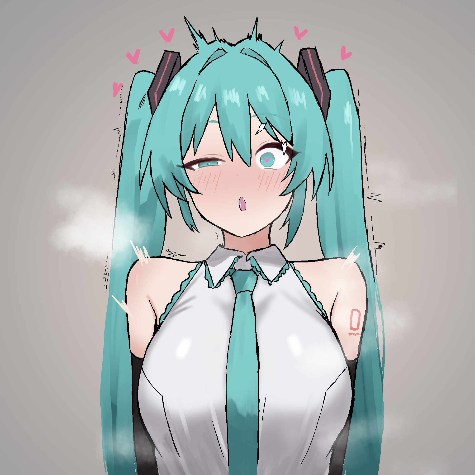 peace peace009, hatsune miku, vocaloid, commentary, highres, 1girl, aqua eyes, aqua hair, aqua necktie, arm tattoo, arms at sides, bare shoulders, blush, breasts, collared shirt, detached sleeves, grey background, grey shirt, hair between eyes, hair intakes, half-closed eye, heart, heart-shaped pupils, large breasts, long hair, looking at viewer, necktie, nose blush, number tattoo, ohhoai, open mouth, saliva, shirt, simple background, sleeveless, sleeveless shirt, solo, spasm, symbol-shaped pupils, tattoo, tearing up, twintails, twitching, uneven eyes, upper body, wide-eyed