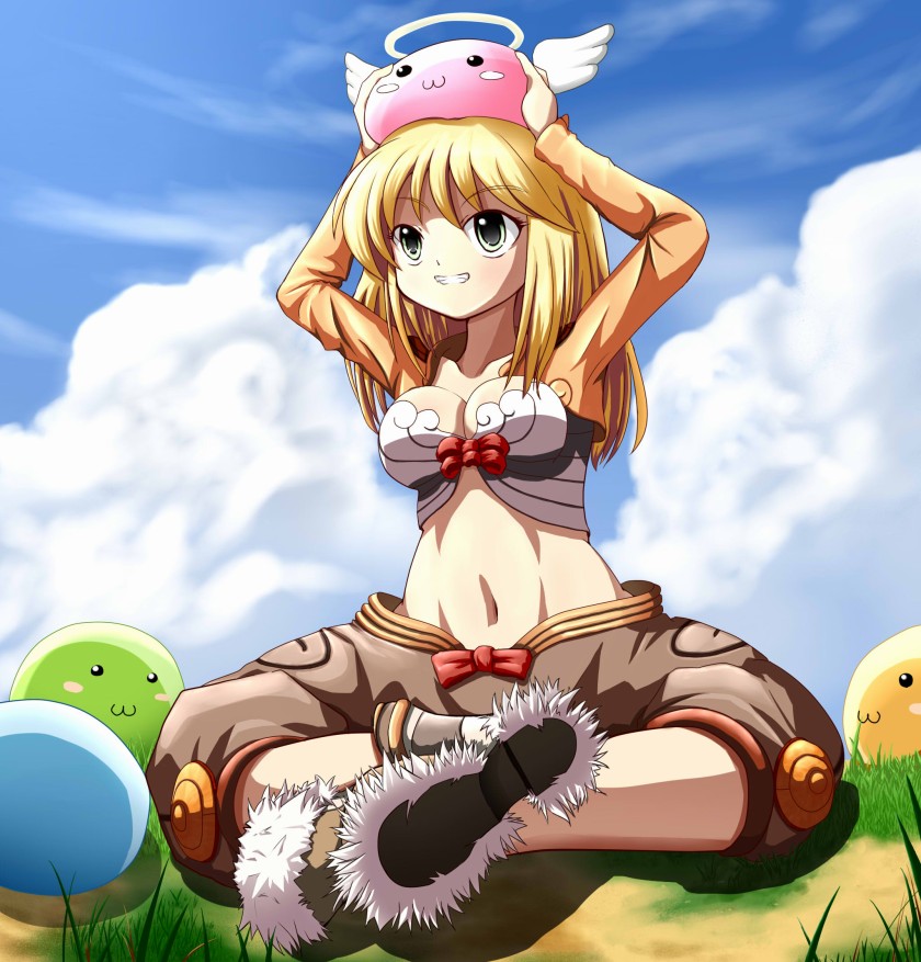 angeling, drops (ragnarok online), marin (ragnarok online), poporing, thief (ragnarok online), ragnarok online, commentary request, 1girl, 2000s (style), arms up, blonde hair, blue sky, bow, bow bra, bra, breasts, brown jacket, brown shorts, cleavage, day, full body, grass, green eyes, grin, halo, indian style, jacket, kazunak917, long hair, long sleeves, medium breasts, midriff, navel, outdoors, red bow, shorts, shrug (clothing), sitting, sky, slime (creature), smile, solo, traditional halo, underwear, white bra