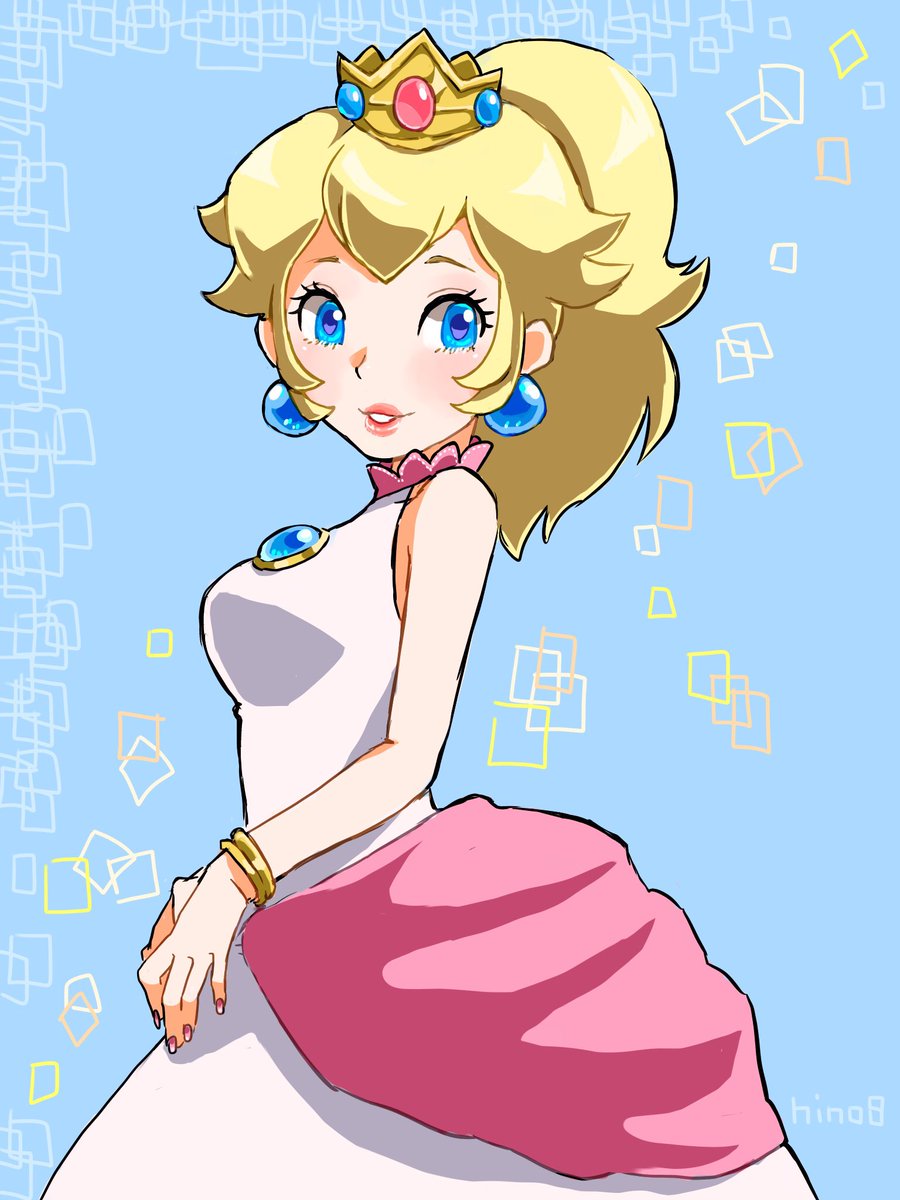 hino (8), princess peach, mario (series), nintendo, super mario sunshine, commentary request, highres, 1girl, bare shoulders, blonde hair, blue background, blue eyes, blue gemstone, bracelet, breasts, chest jewel, collarbone, collared dress, cowboy shot, crown, dress, earrings, eyelashes, gem, gold bracelet, gold crown, gown, hands on lap, jewelry, light blush, lipstick, long hair, looking at viewer, makeup, medium breasts, mini crown, nail polish, open mouth, pink lips, pink nails, ponytail, signature, sleeveless, sleeveless dress, smile, solo, sphere earrings, tareme, teeth, white dress