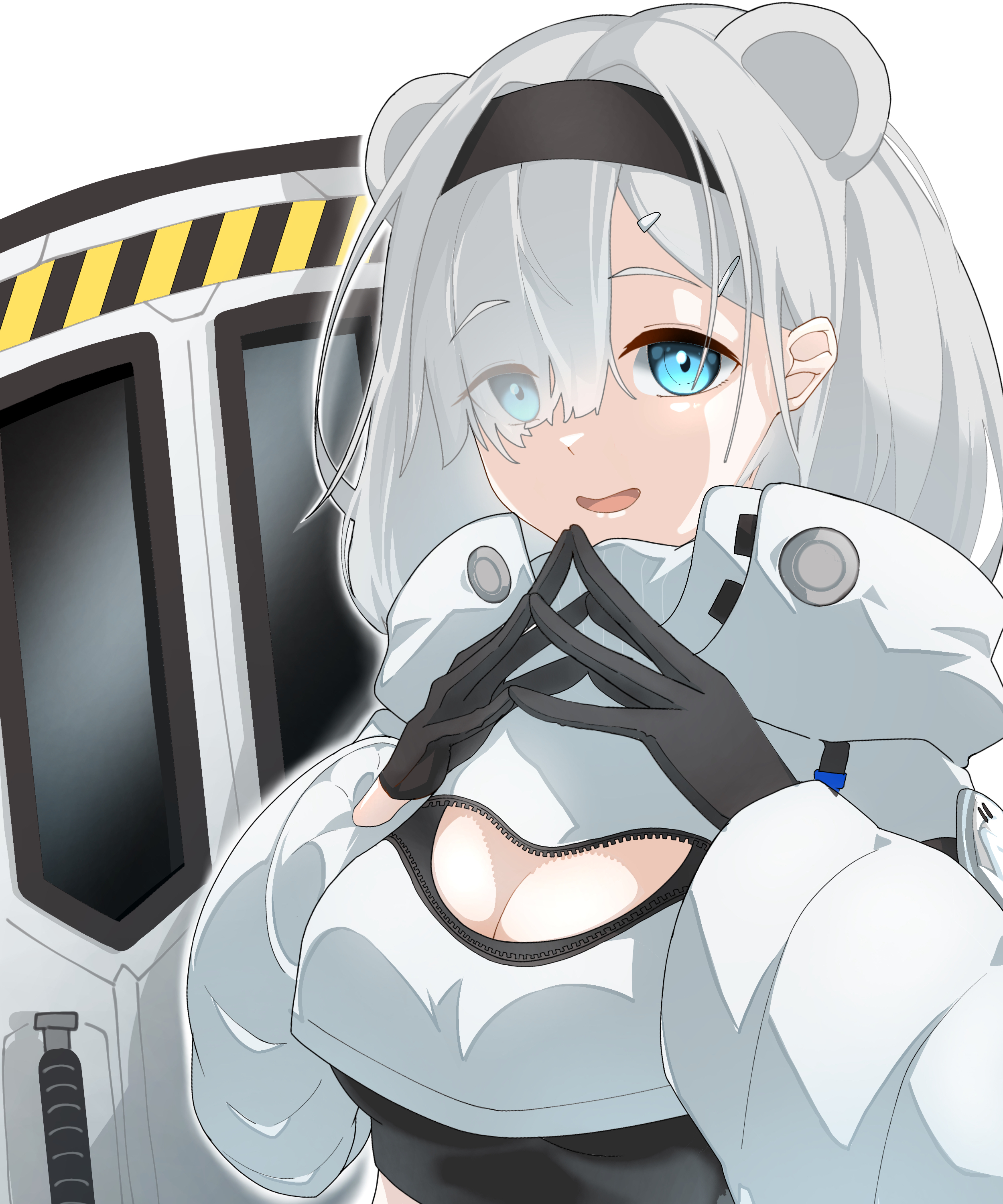 iii-ove-iii, aurora (arknights), arknights, absurdres, commentary request, highres, 1girl, :d, animal ears, bear ears, bear girl, black gloves, black hairband, black sports bra, blue eyes, breasts, cleavage cutout, clothing cutout, cropped jacket, extra ears, eyes visible through hair, gloves, grey hair, hair over one eye, hairband, jacket, large breasts, long hair, long sleeves, open mouth, puffy long sleeves, puffy sleeves, shield, simple background, smile, solo, sports bra, steepled fingers, upper body, white background, white jacket